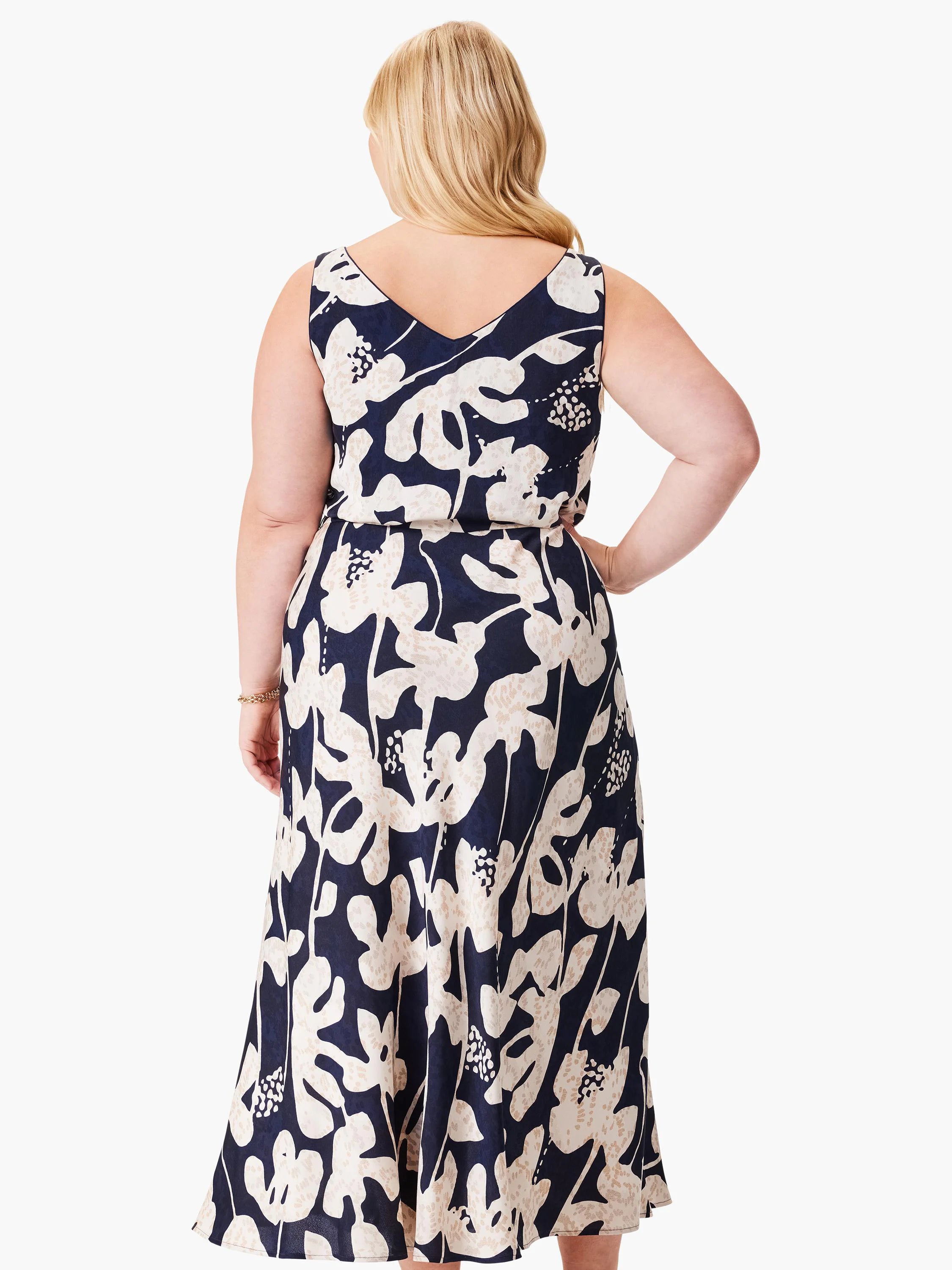 Here's alt text for the image, fitting within the character limit:
"Navy midi dress, sleeveless V-neck, features a beige...