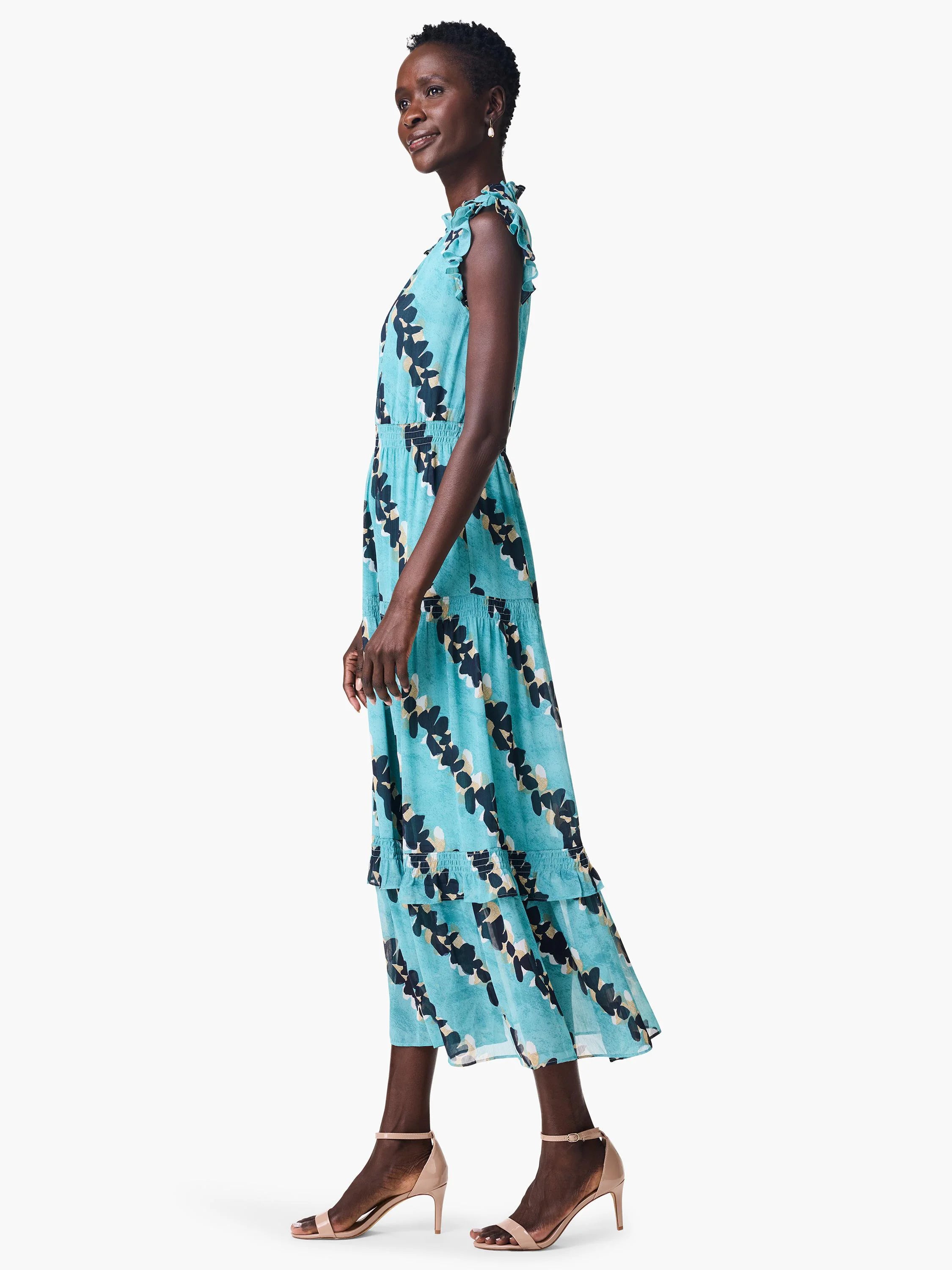 Teal midi dress with black and beige leaf print. Sleeveless, tiered skirt, ruffled neckline.