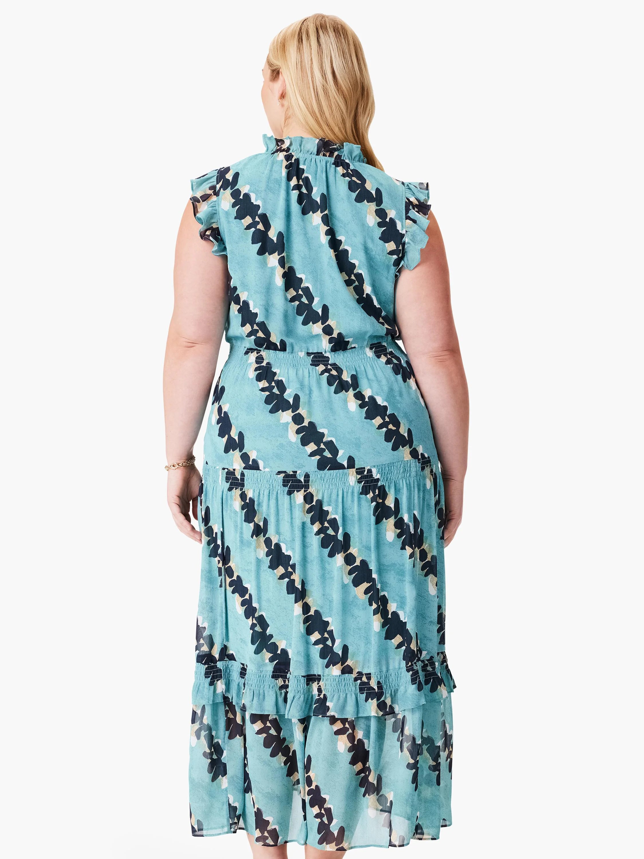 Teal midi dress with a ruffled neckline and hem. Features a dark-navy and beige leaf print. Sleeveless.