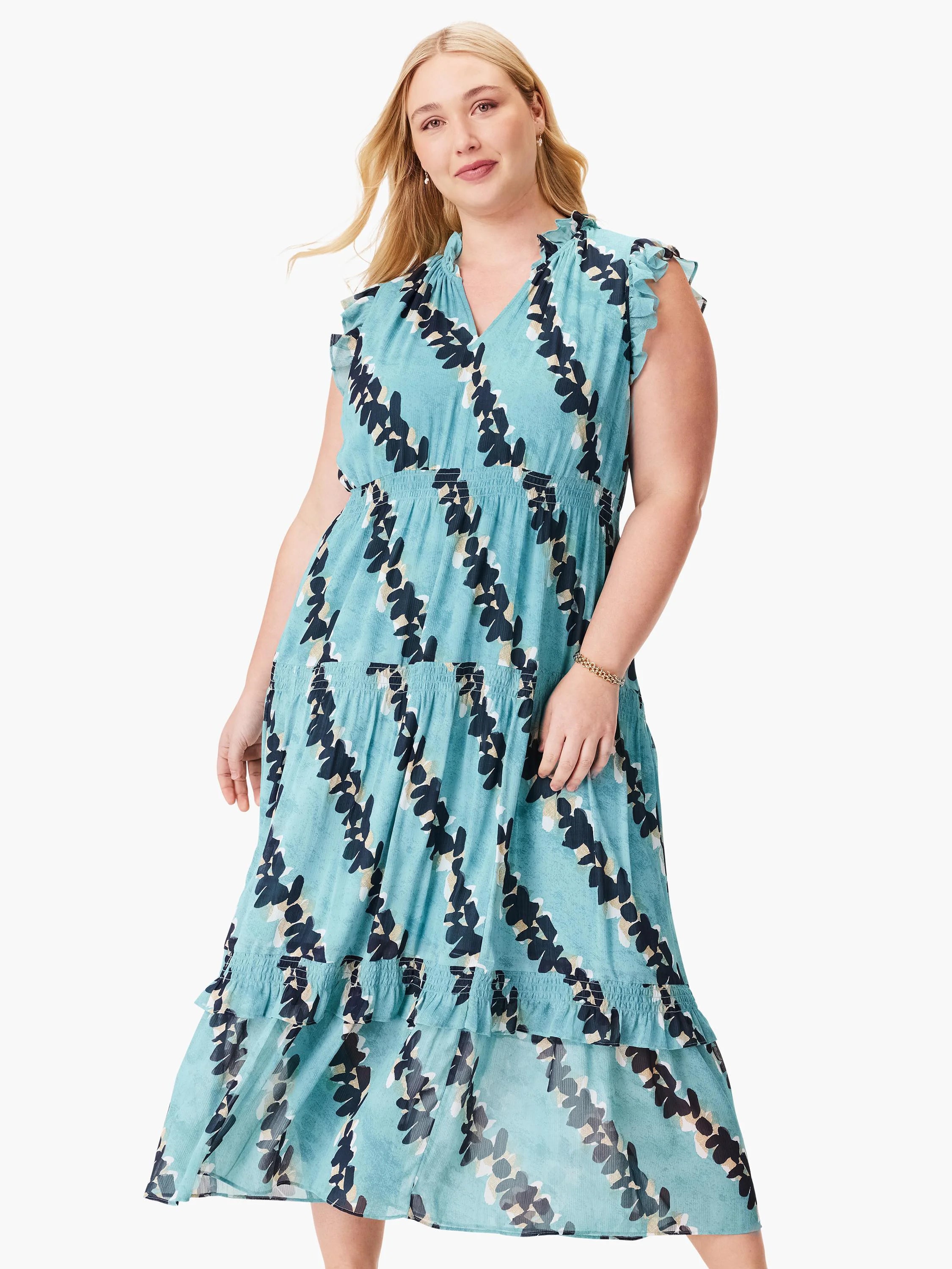 Teal midi dress with dark-blue/black abstract leaf print. Features ruffled sleeves and tiered skirt.