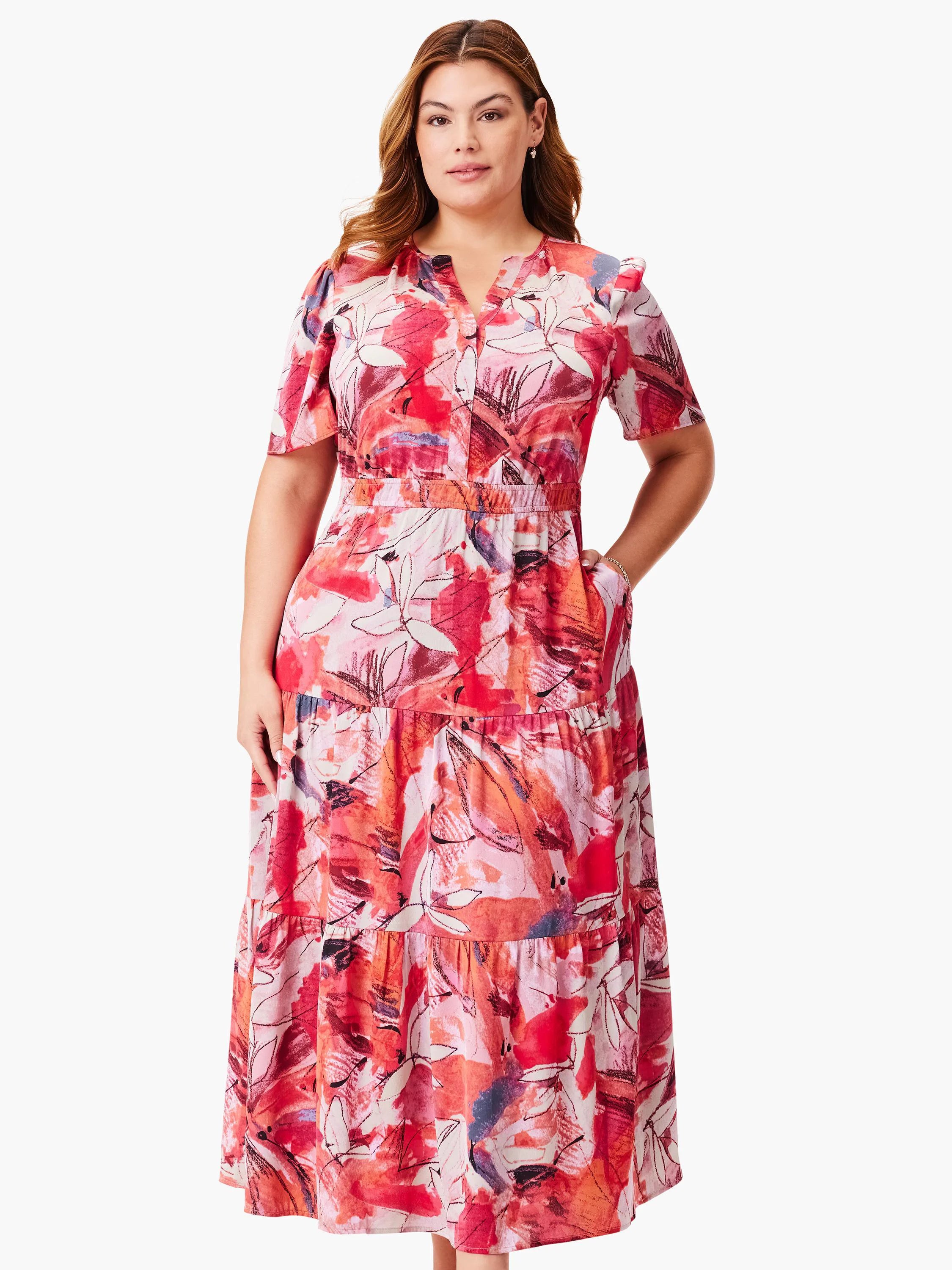 Red, pink, and off-white tiered midi dress with abstract floral print and short sleeves. Has pockets.
