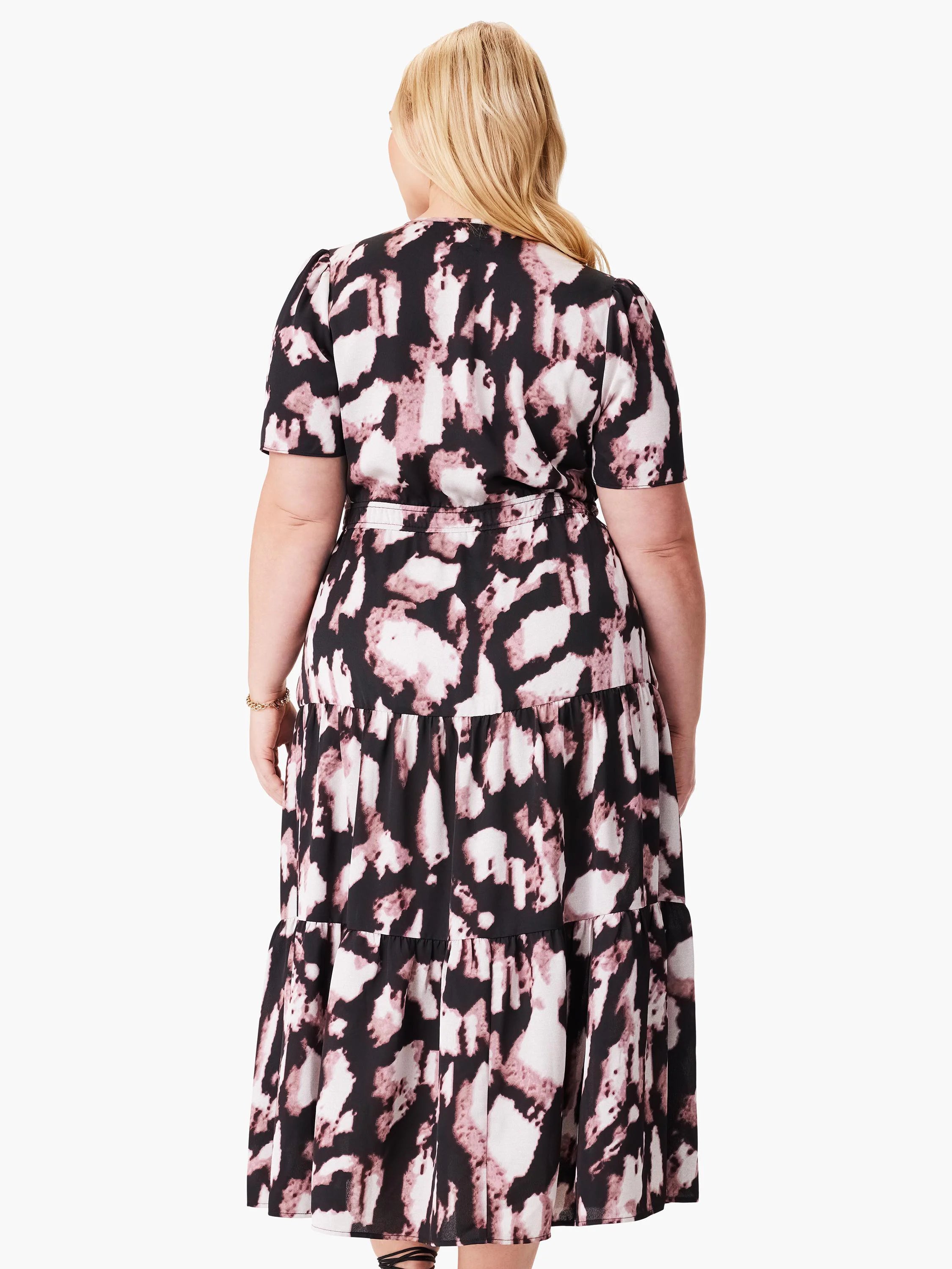 Black midi dress with mauve abstract print. Short sleeves, tiered skirt.