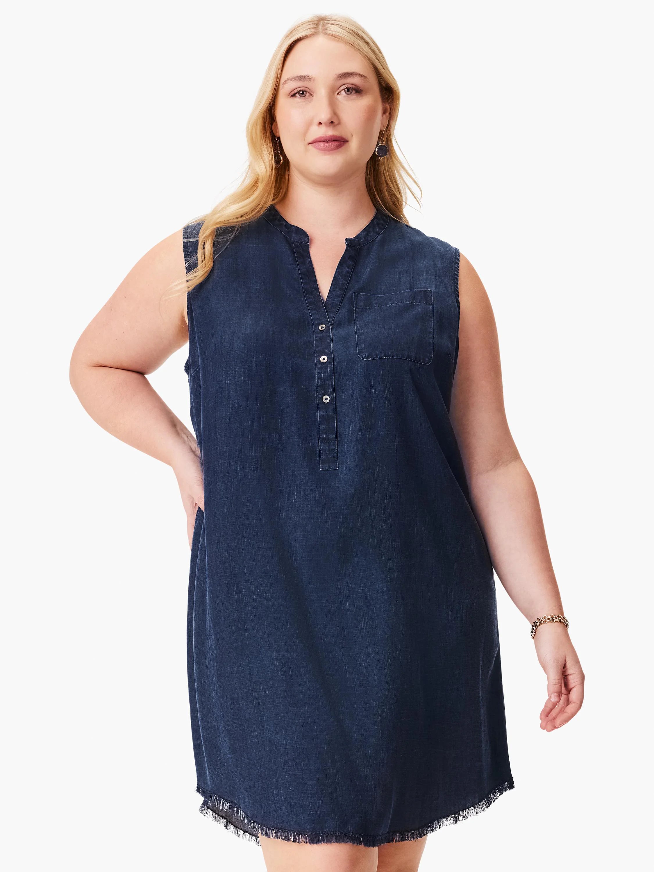 Sleeveless dark denim dress with a button-front V-neck, single chest pocket, and frayed hem.