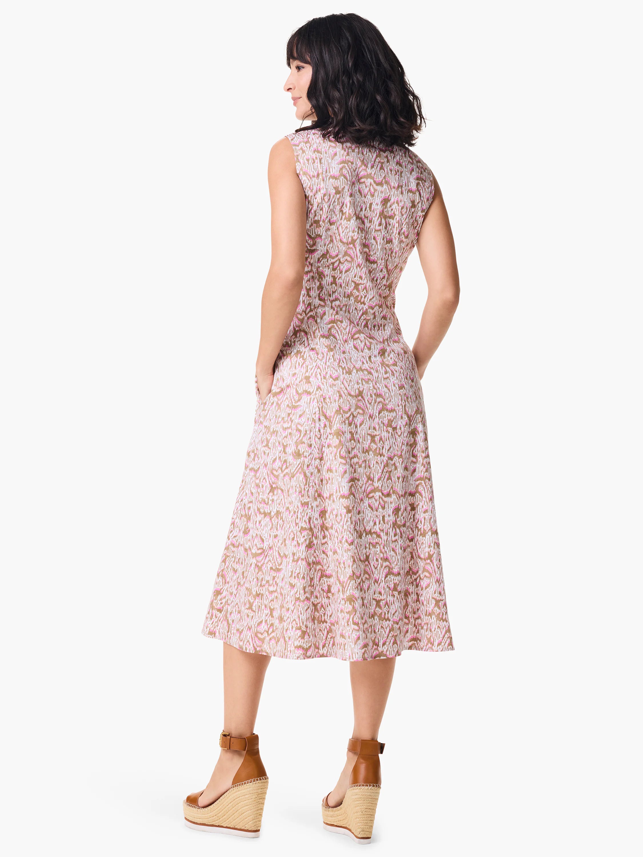 Sleeveless midi shirt dress, A-line. Pink, white, and taupe abstract animal print.