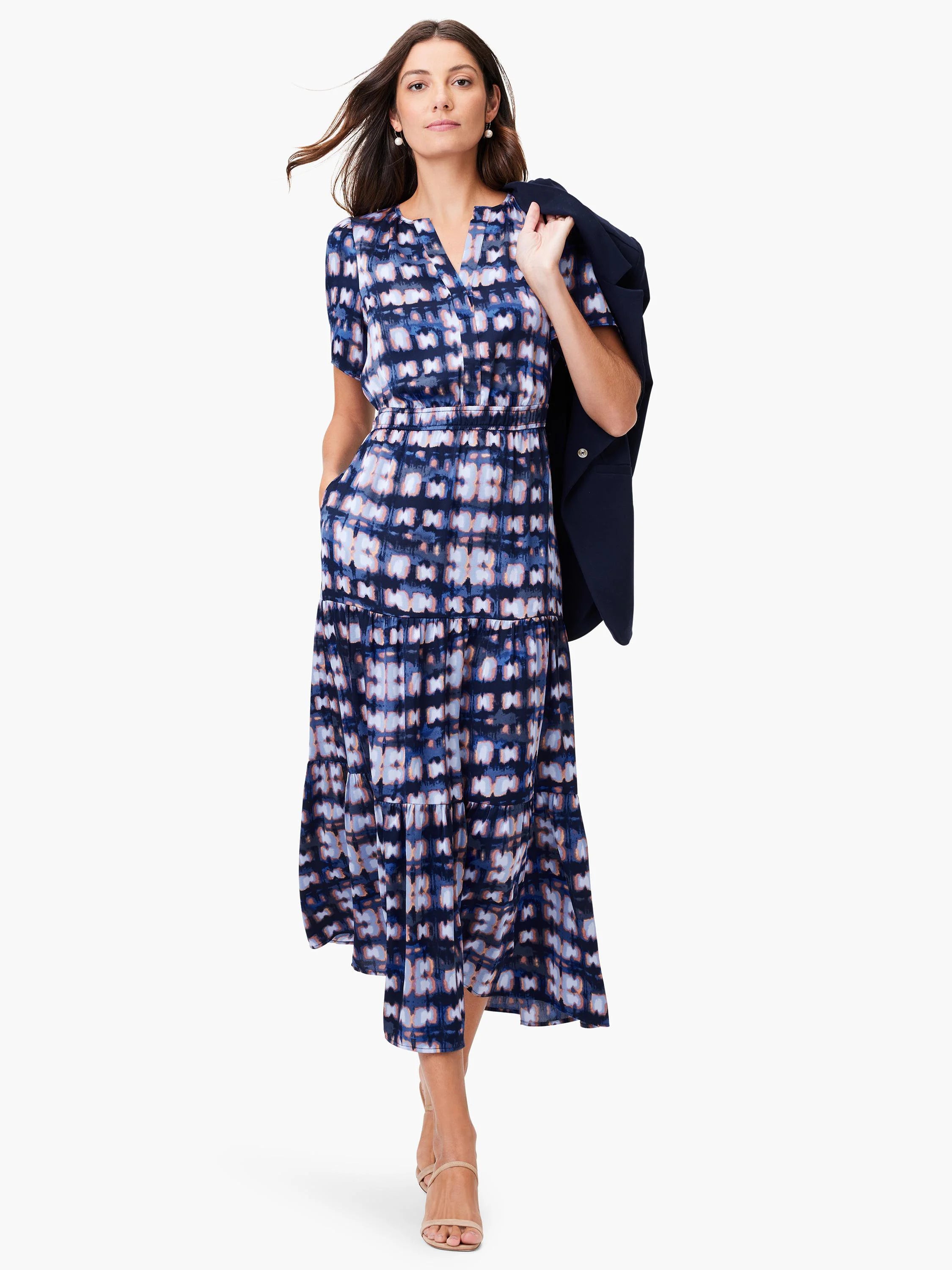 Midi dress, tiered skirt, short sleeves. Navy, blue, and mauve abstract print. V-neck.