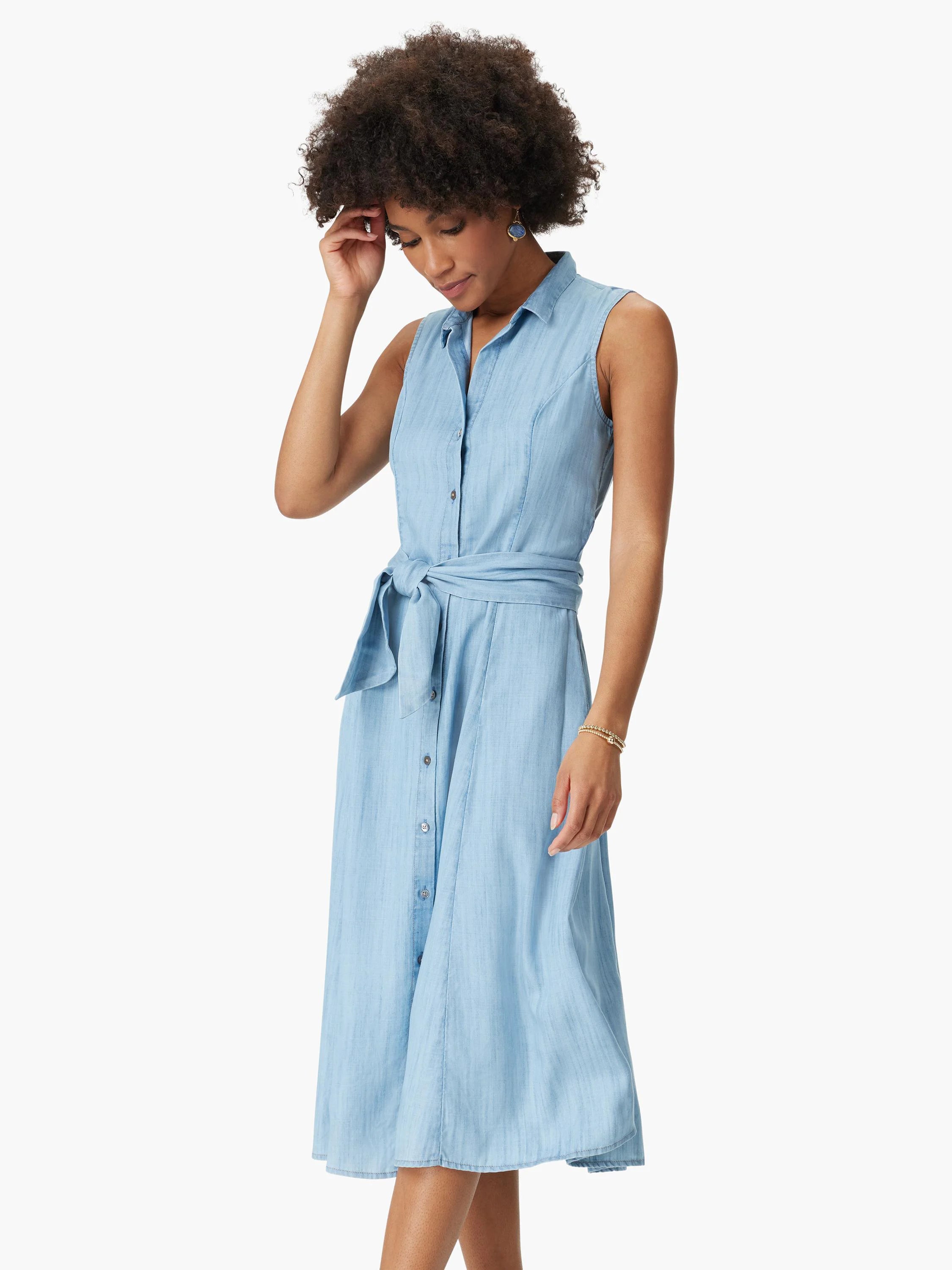 Light blue denim shirtdress; sleeveless, collared, button-front, belted at waist; knee-length, A-line.
