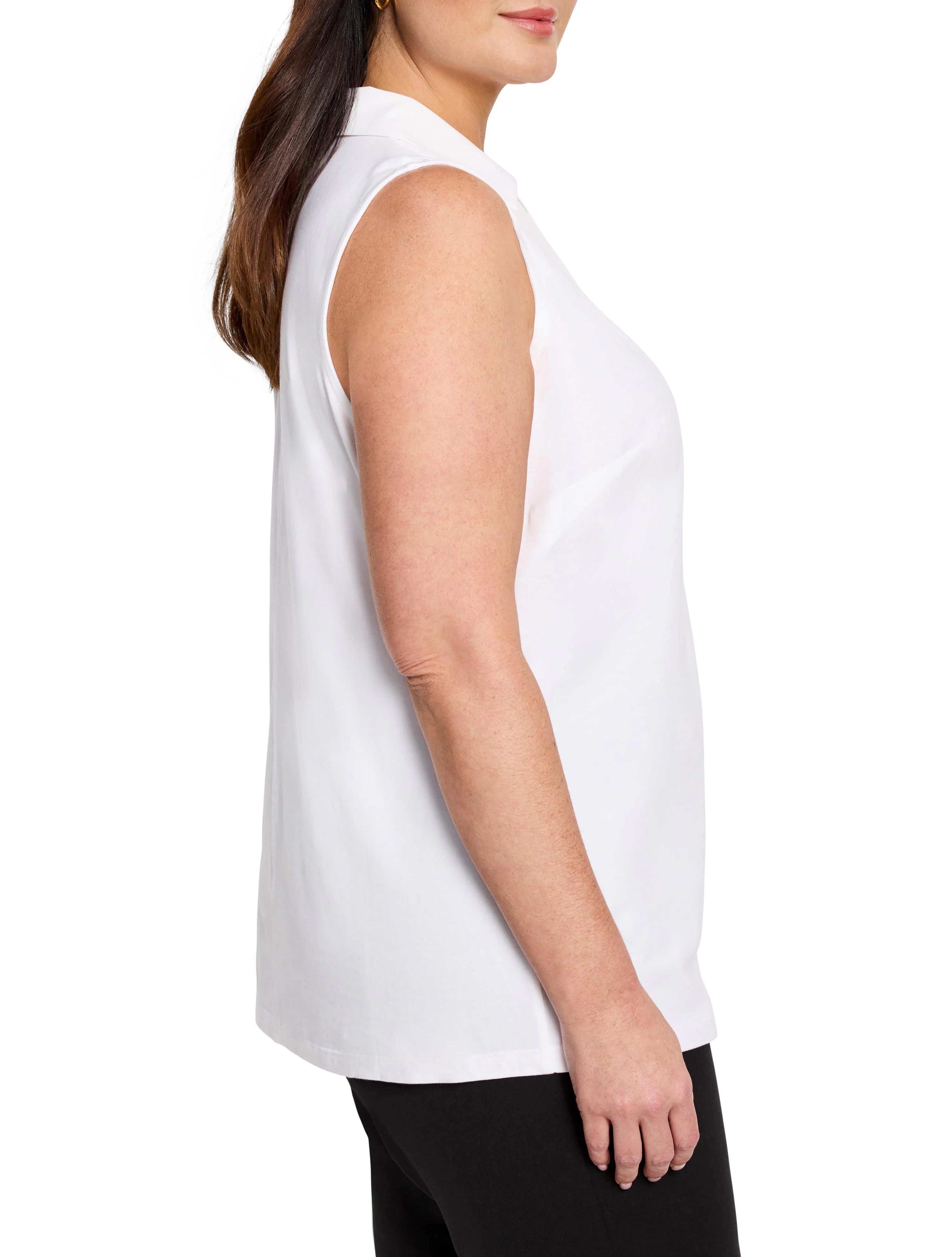 White sleeveless collared tank top, side view on model.