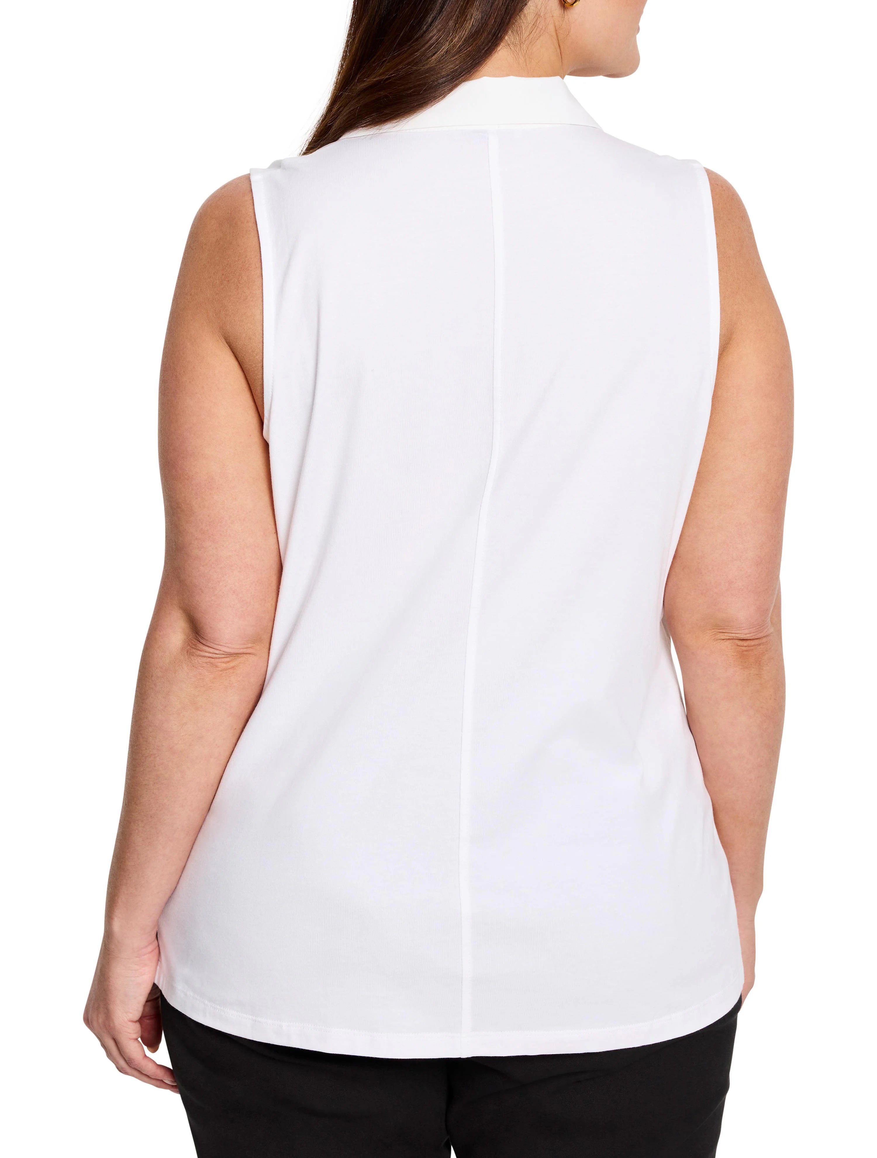 White sleeveless tank top with a collar, shown from the back. Features a vertical seam down the center.