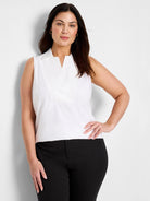 White sleeveless tank with a notched collar and front placket.