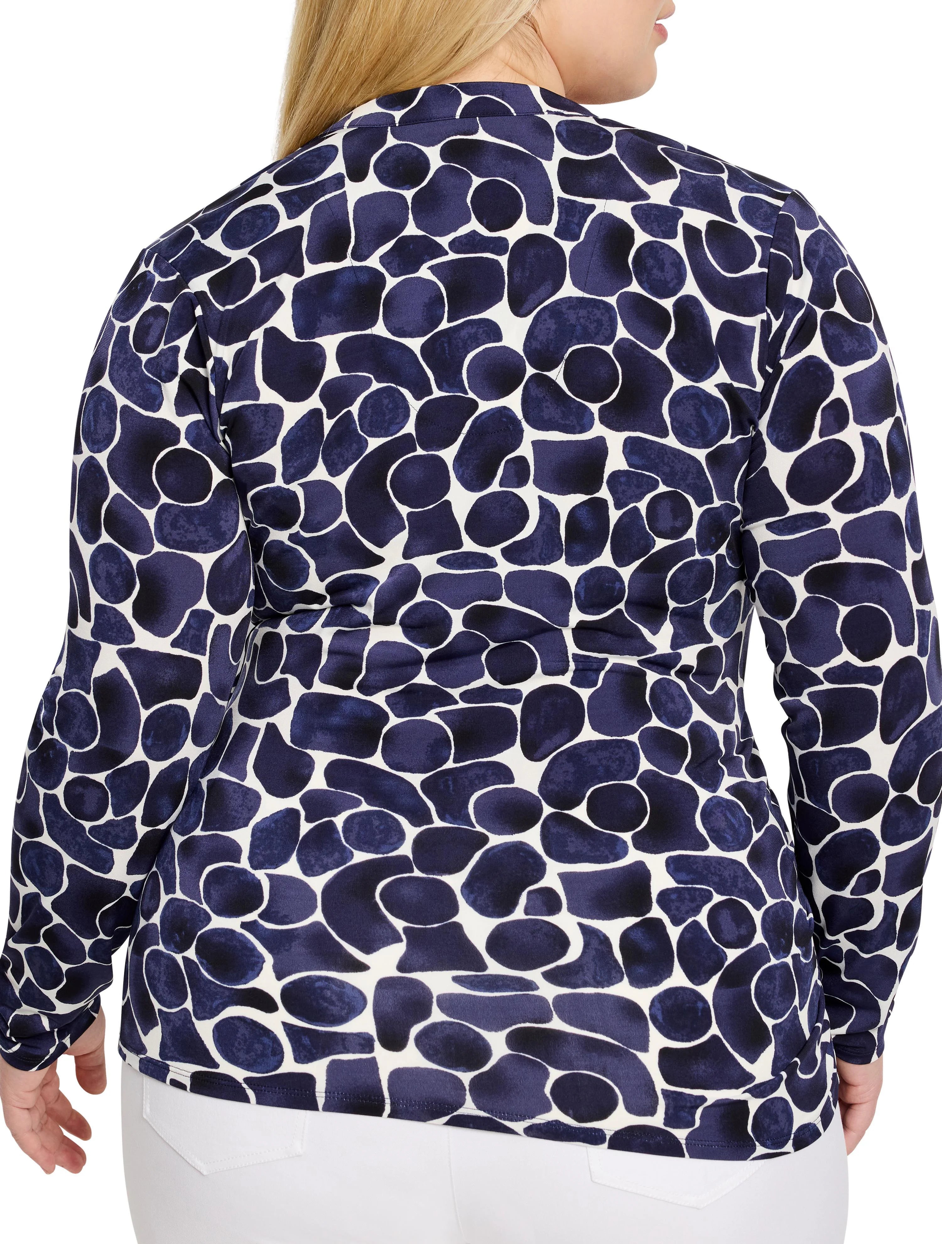 Dark blue and white geo pebble print long-sleeve knit top, shown from the back.