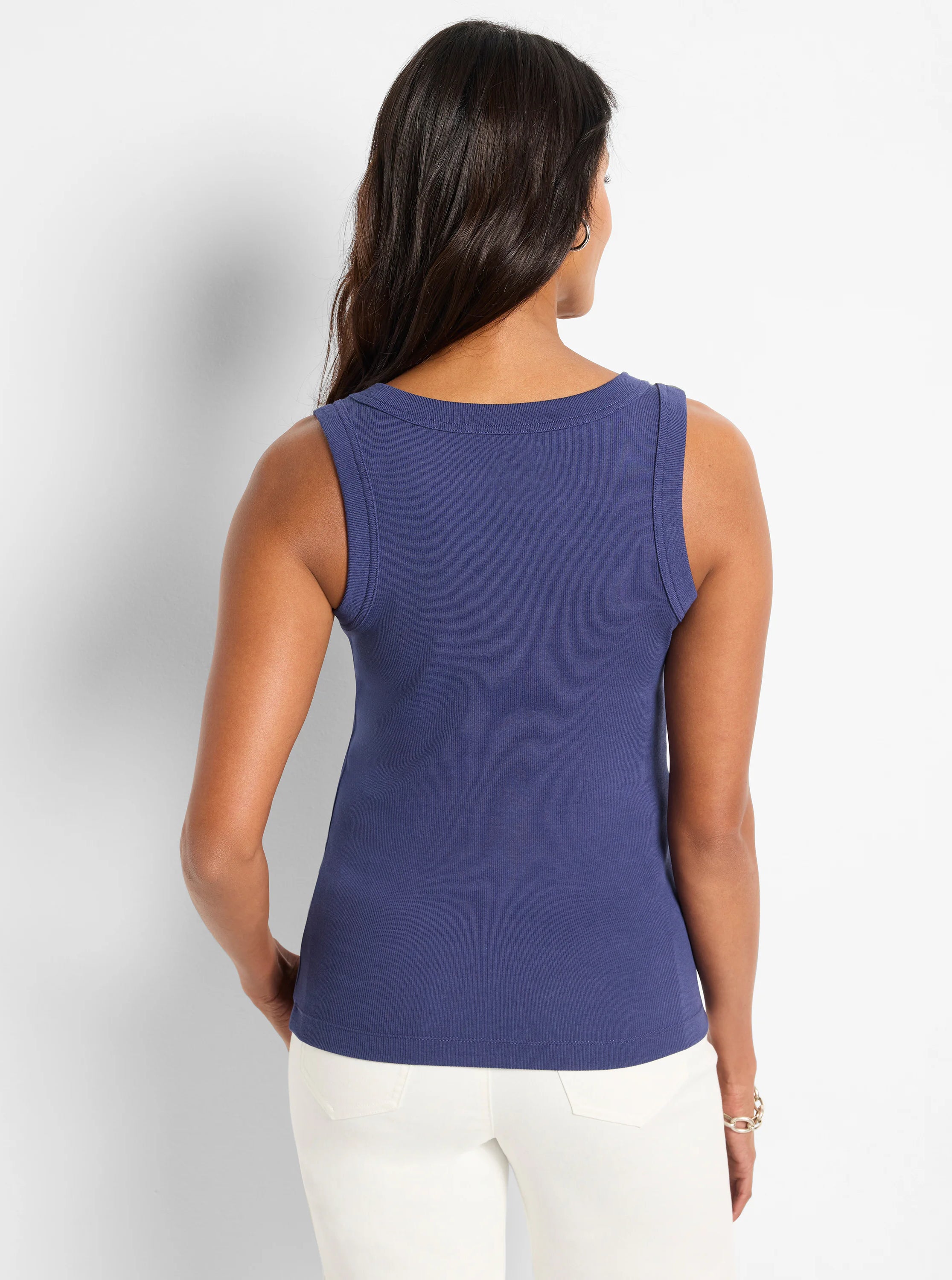 Indigo blue ribbed scoop tank with a scoop back, shown from the rear.