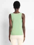Light green ribbed knit scoop tank, back view. Fitted.