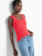 Red ribbed scoop neck tank, shown fitted.