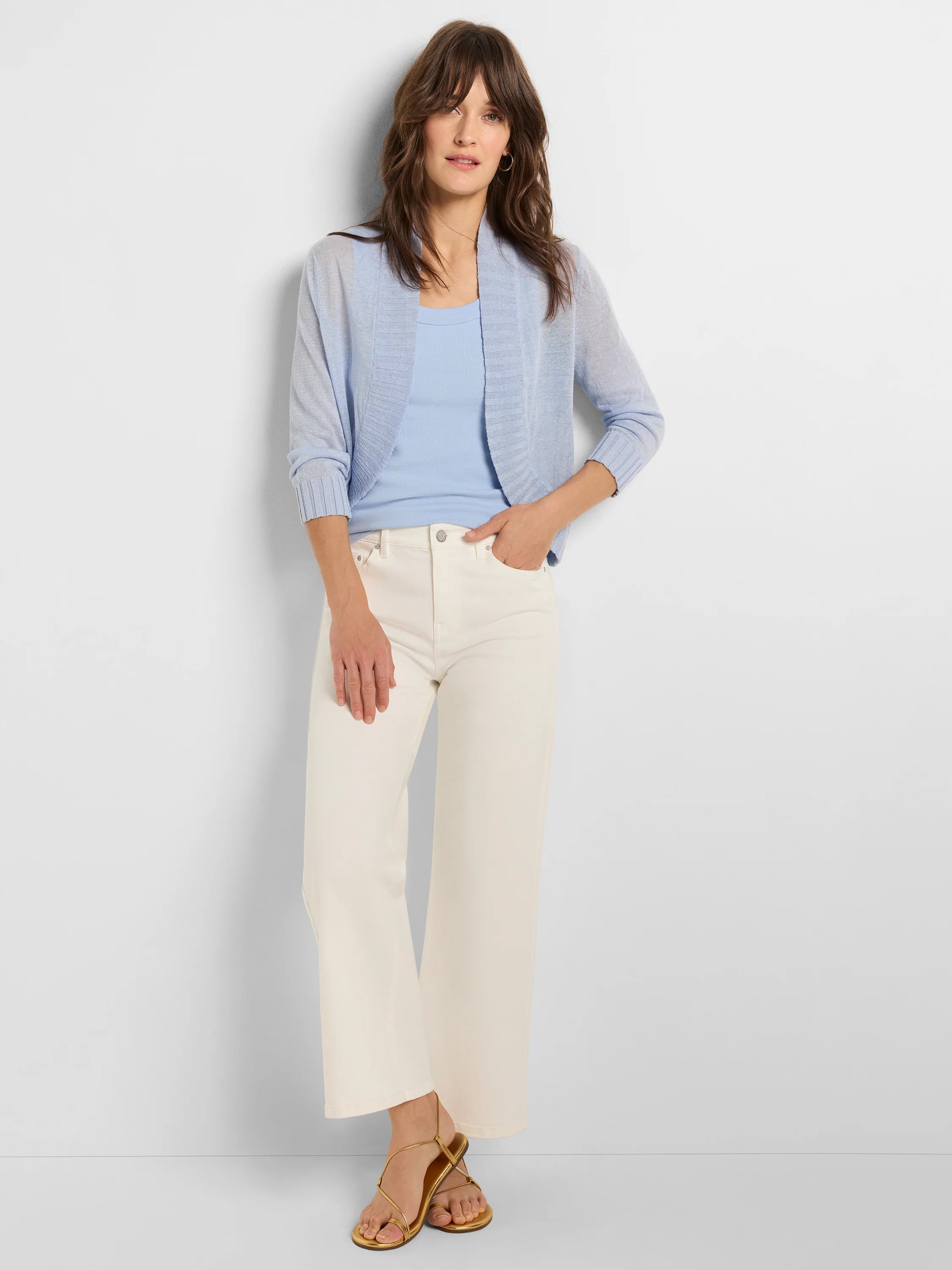 Light blue, ribbed knit scoop neck tank top.