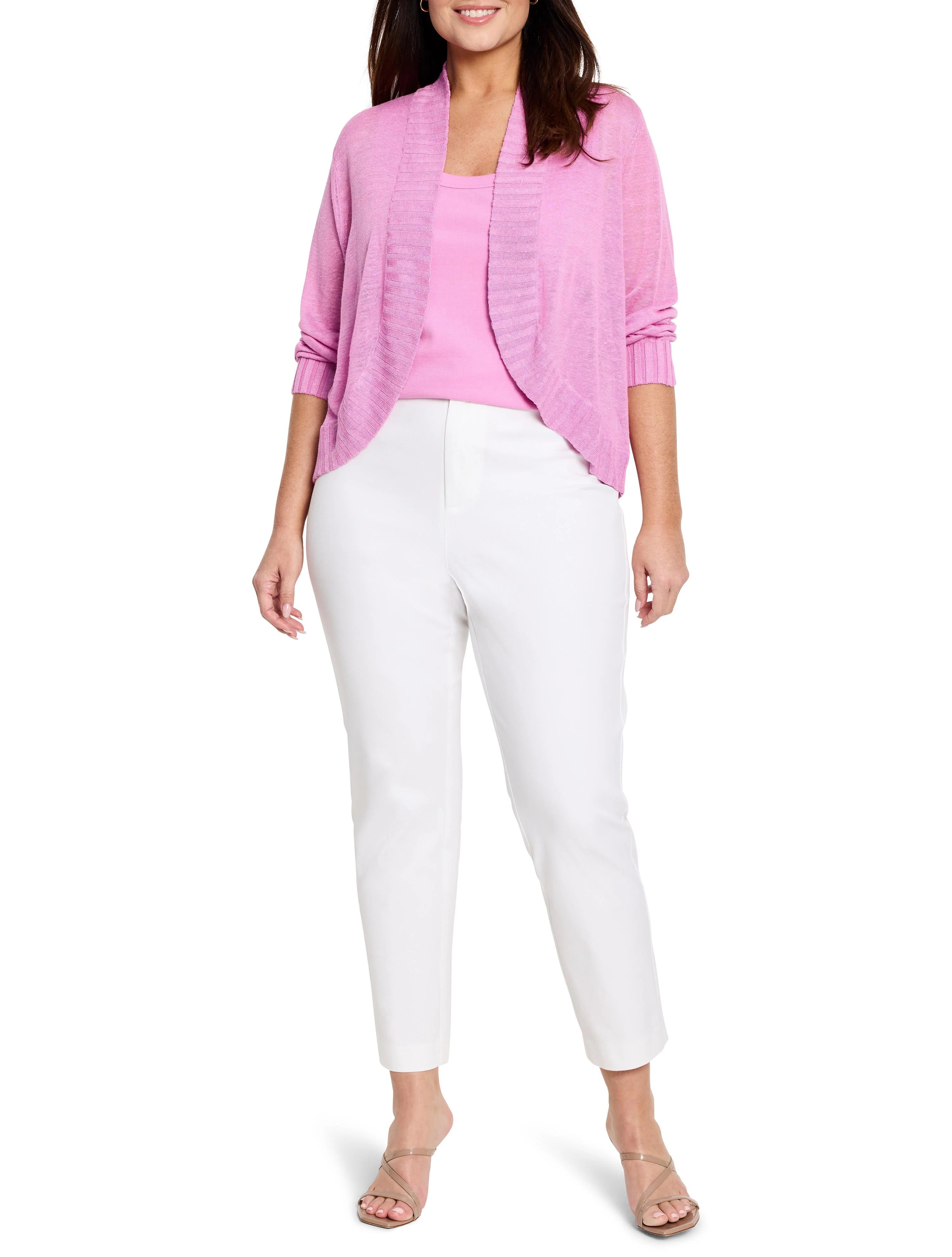 Pink ribbed scoop neck tank, worn under a light pink open-front cardigan.