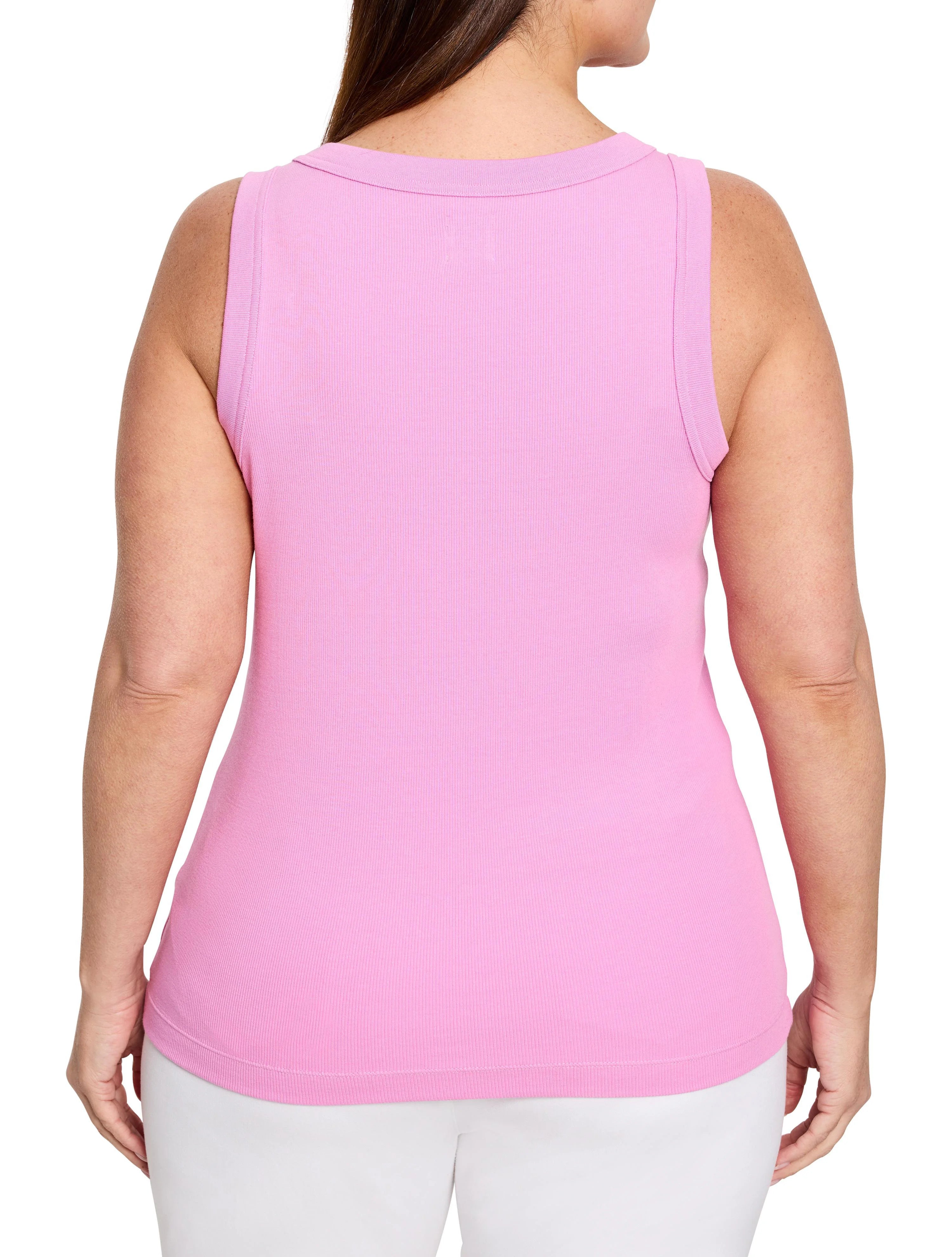Fitted pink ribbed knit tank top with a scoop back neckline, shown from the back.