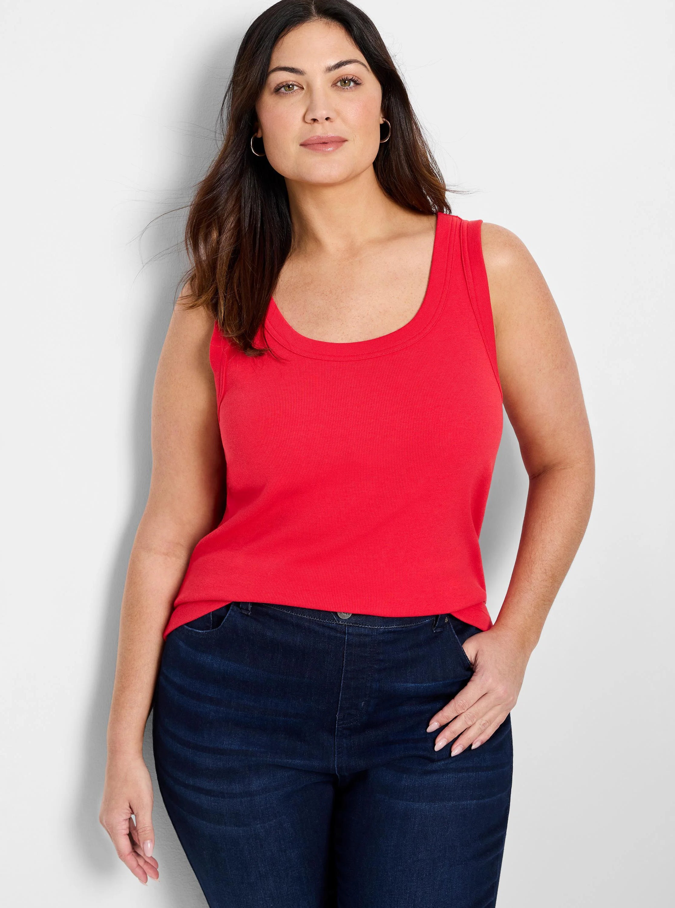 Bright red ribbed scoop neck tank top.