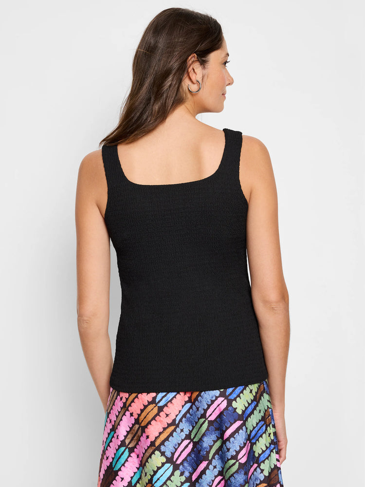 Black bubble knit tank with a textured surface, square back neckline, and wide shoulder straps.