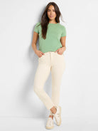 Sage green short-sleeve crew neck t-shirt in a smooth knit fabric.