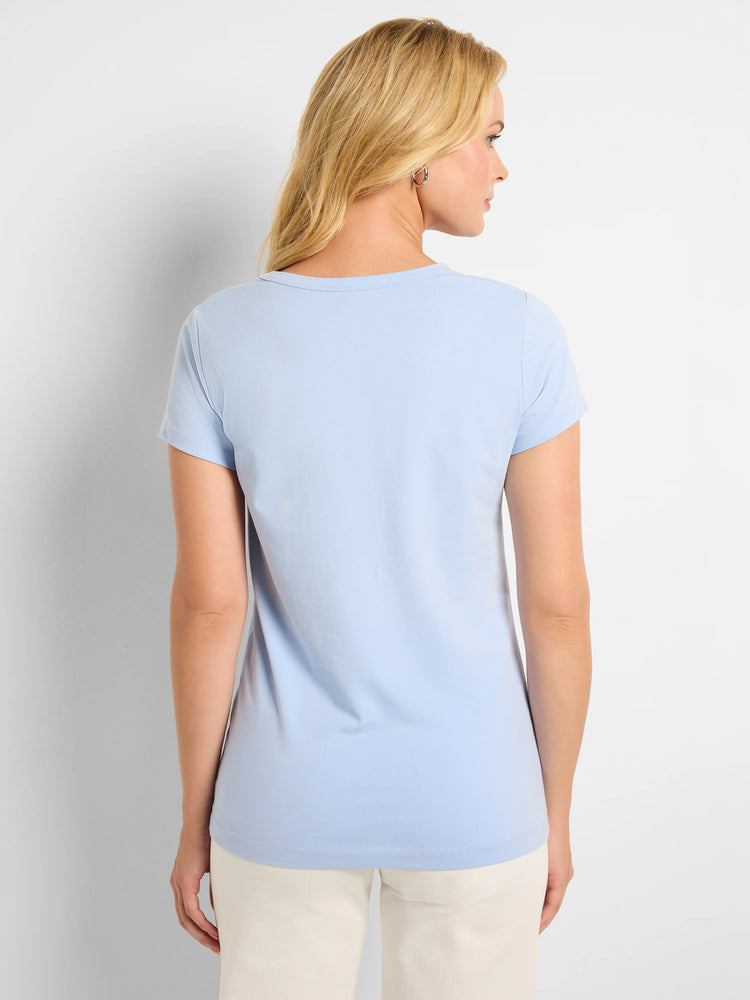 Light blue crew neck t-shirt with short sleeves, a smooth knit, and relaxed fit.