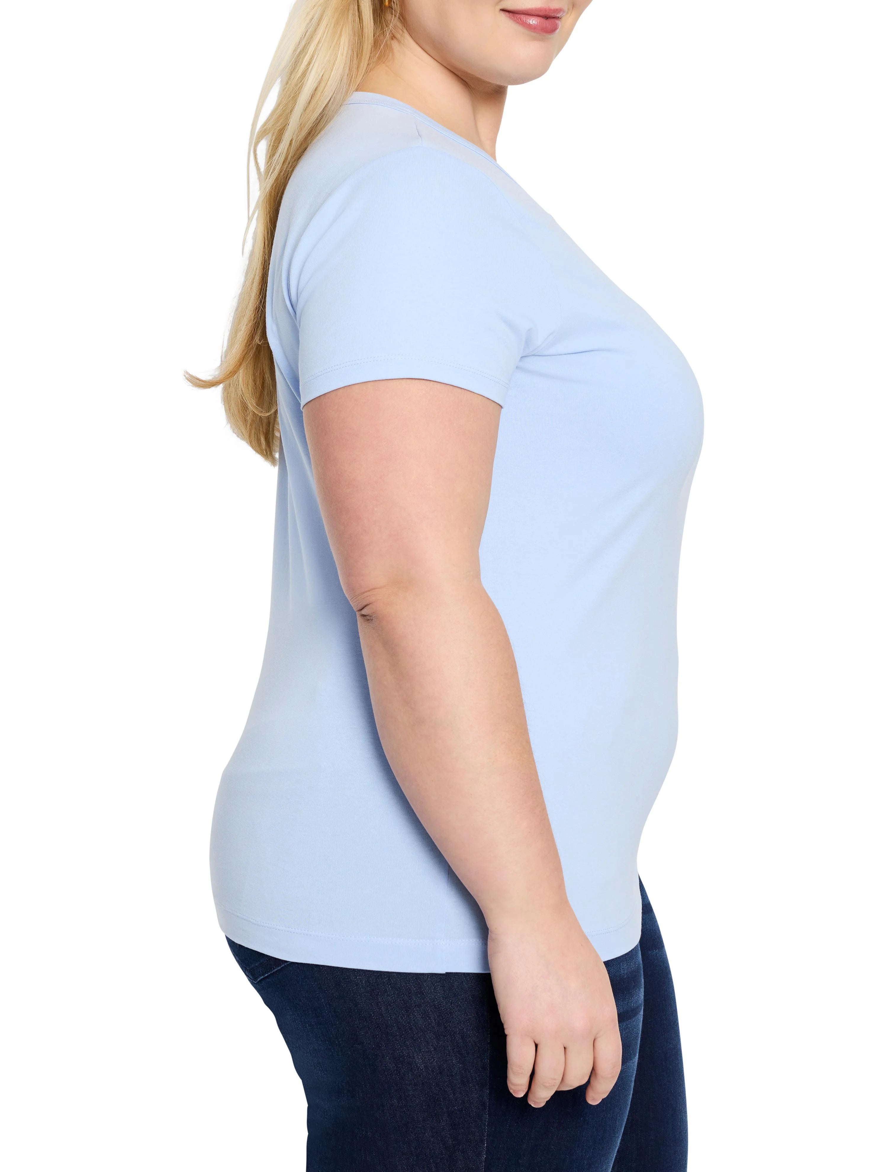 Light blue short-sleeve crew neck t-shirt on a model shown in profile.