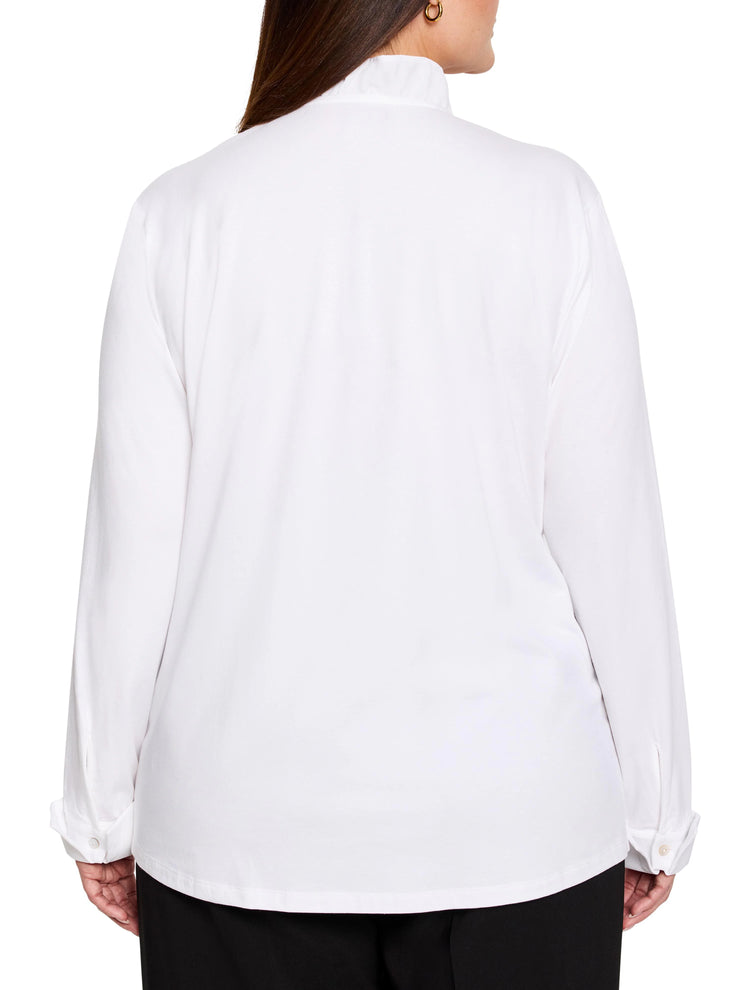 Back of a white long-sleeved shirt featuring a ruffled stand collar and buttoned cuffs.