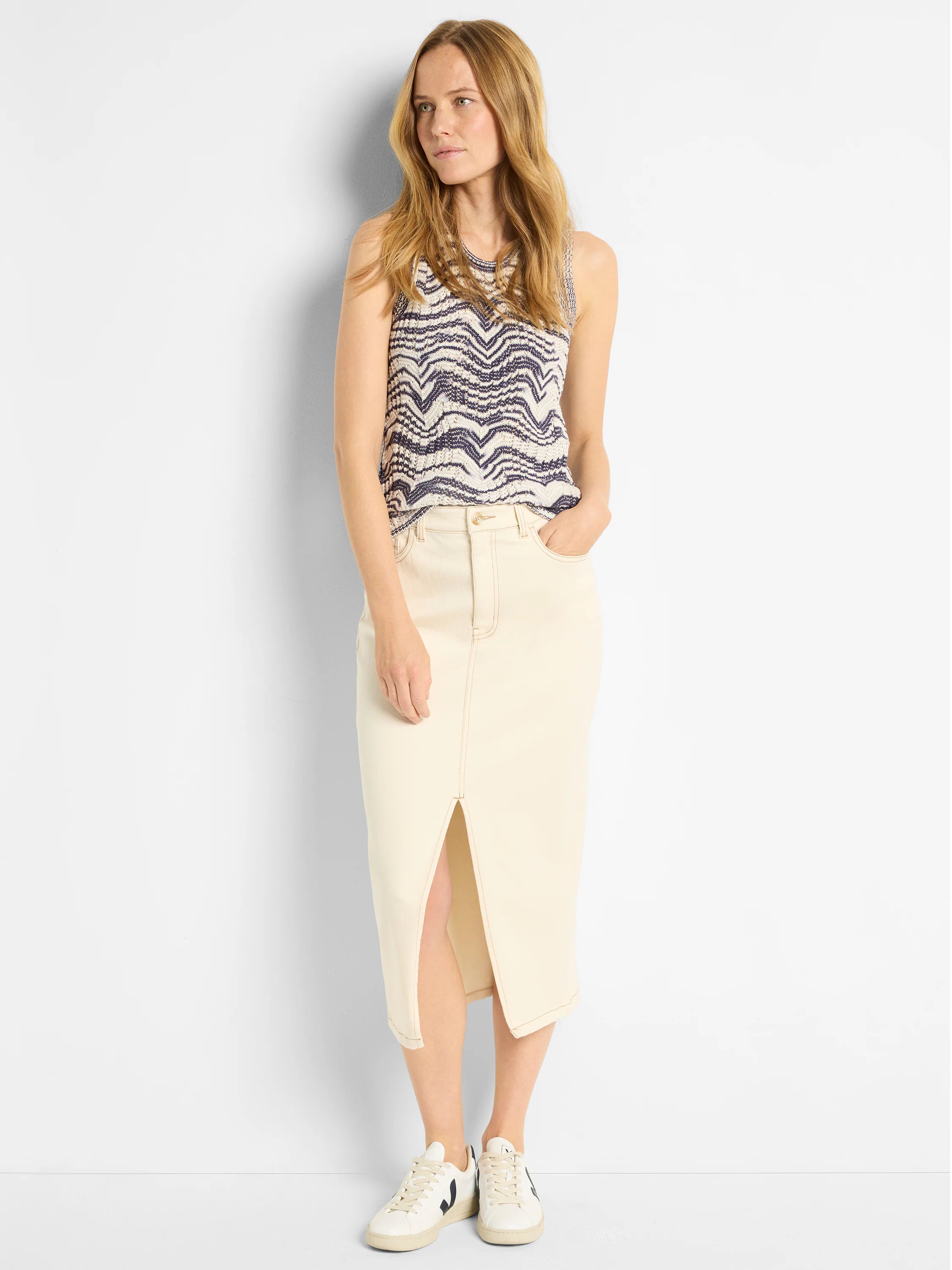 Cream and navy wave pattern knit tank.