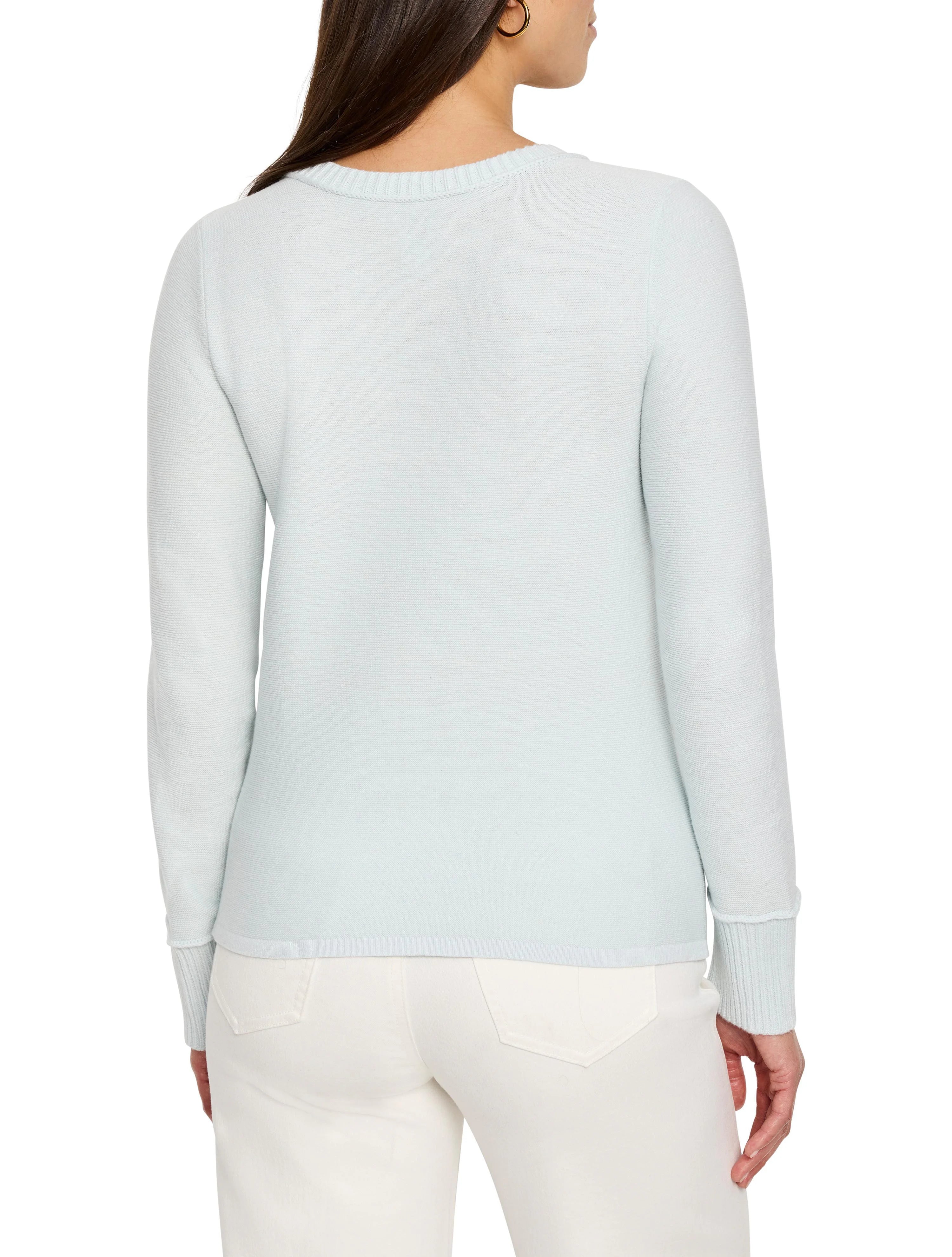 Pale blue garter knit crew neck sweater with long sleeves and ribbed cuffs, shown from the back.