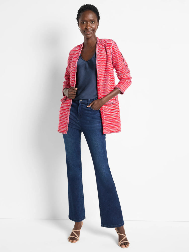 Pink and red striped cardigan, open front, long sleeves. Braided trim detail.
