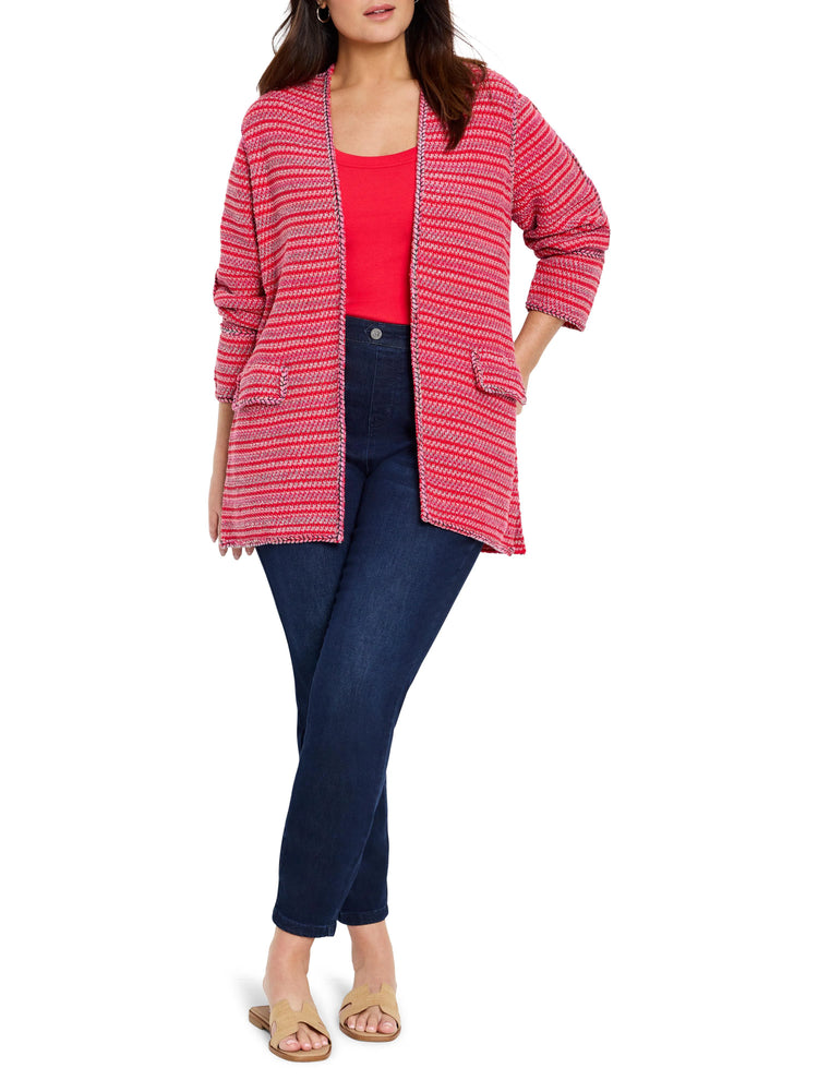 Red and pink striped cardigan, open front, three-quarter sleeves, small pockets.