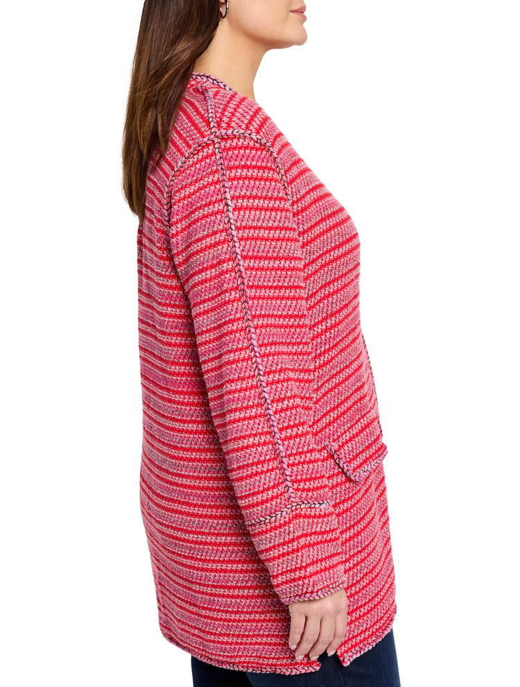 Red and pink striped cardigan with darker trim. Long sleeves.