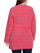 Red and pink horizontally striped cardigan with textured knit and dark stitch detailing.  Open front.