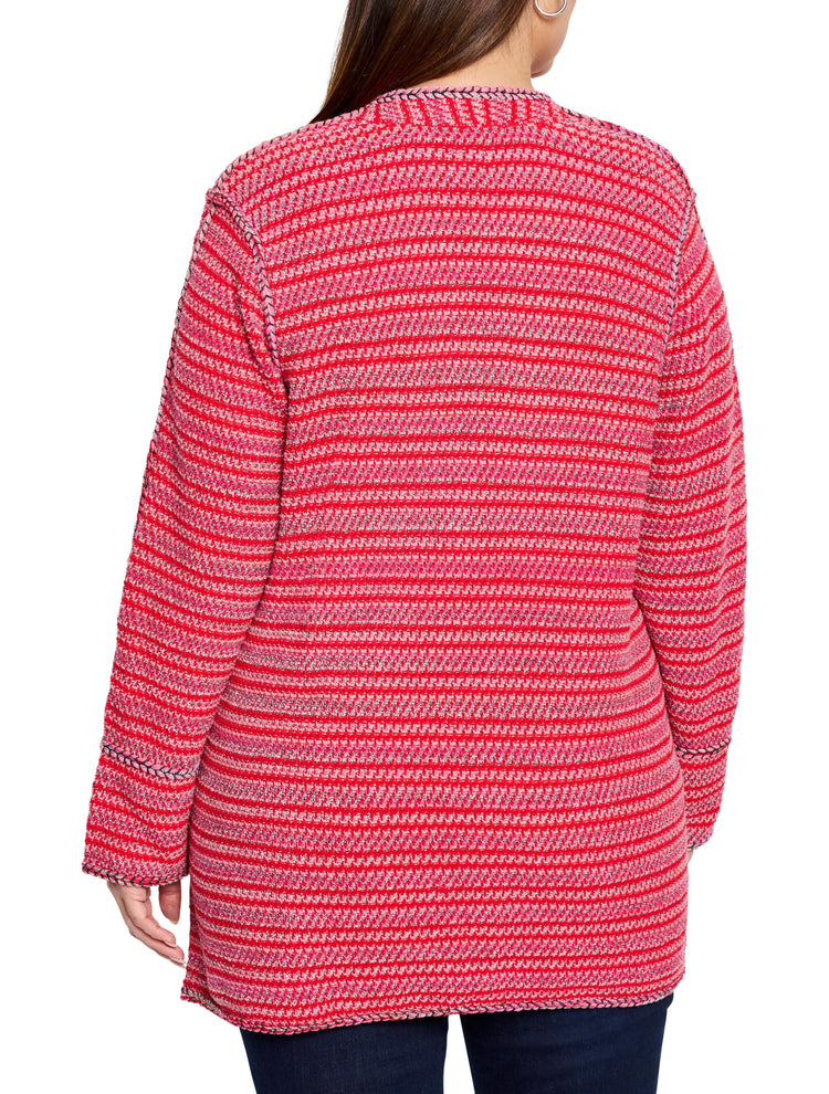 Red and pink horizontally striped cardigan with textured knit and dark stitch detailing. Open front.