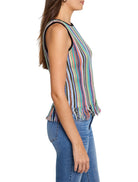 Multicolored striped sleeveless sweater tank;  fringe bottom hem.  Blues, greens, pinks, and neutrals.