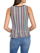 Multicolored striped knit tank top with fringe bottom.  Colors include pink, orange, blue, green, and black.  Sleeveless.
