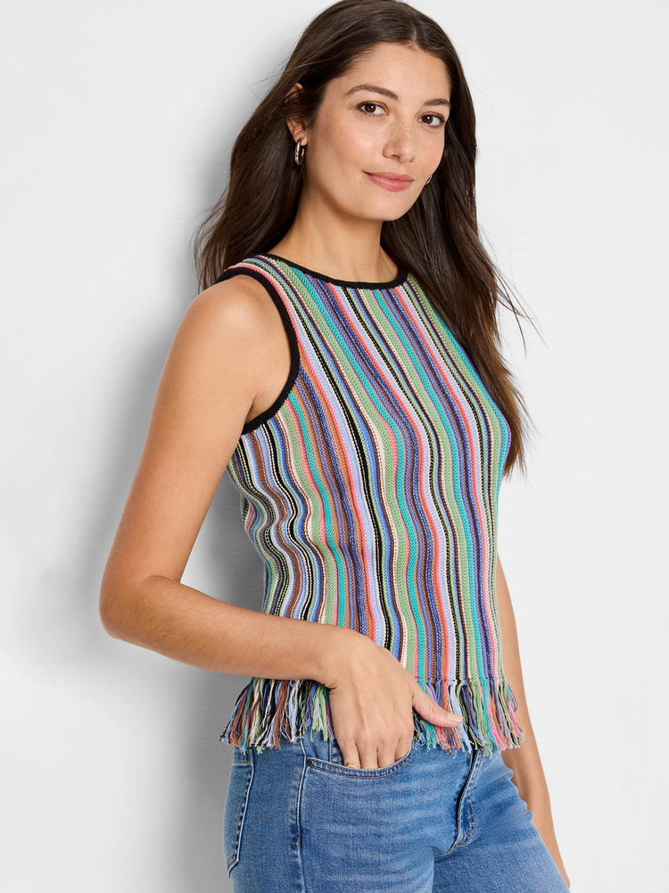 Multicolored striped sleeveless knit tank top with a fringed bottom. Colors include teal, pink, light green, and brown....