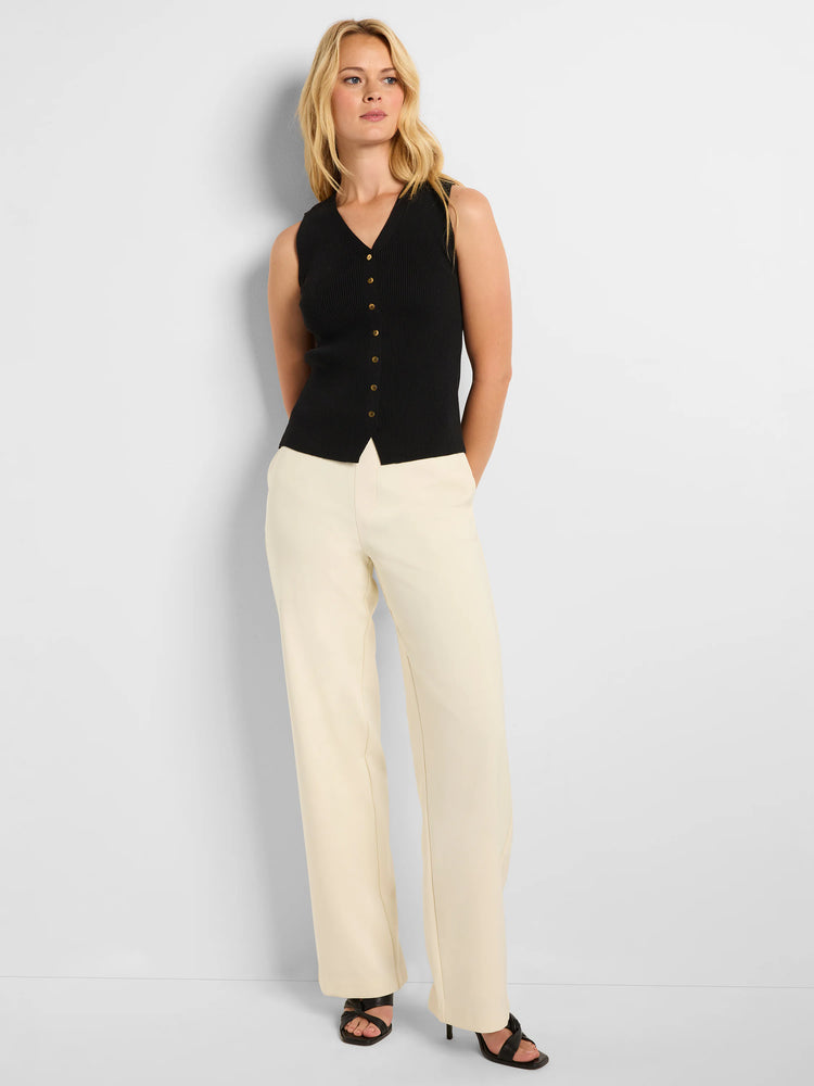 Black ribbed sleeveless sweater vest with gold buttons, V-neck.