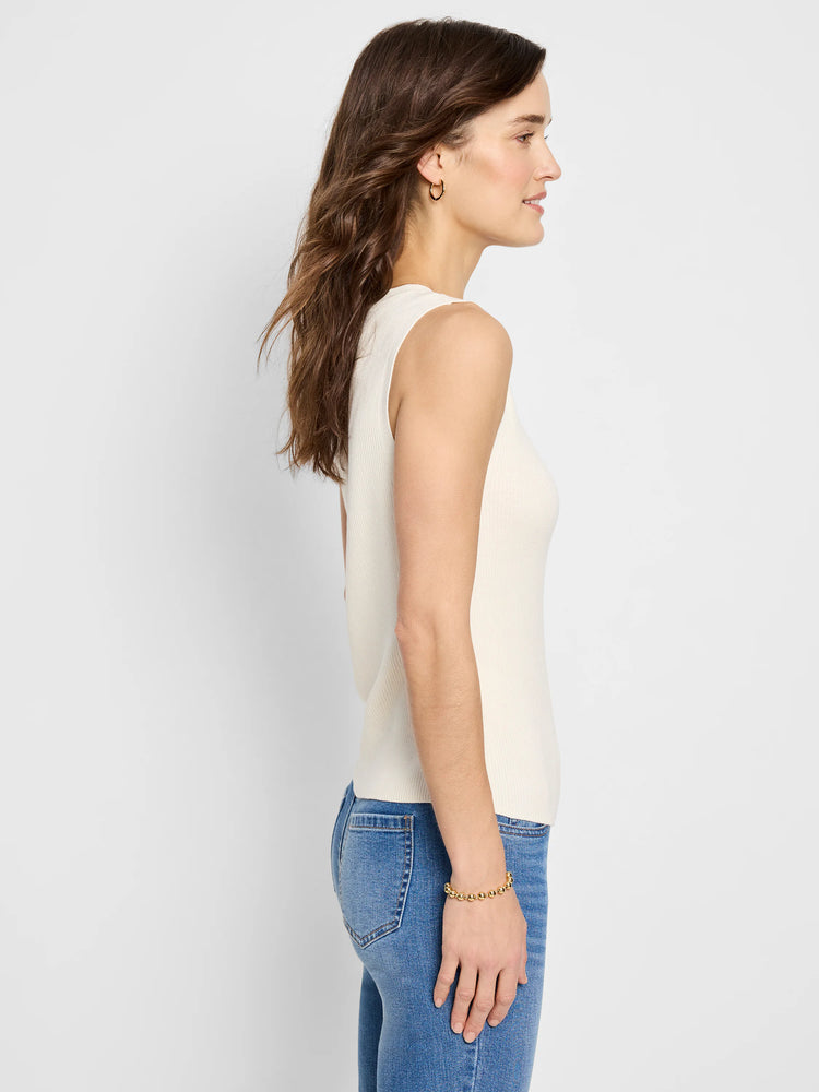 Off-white ribbed sleeveless sweater vest. Side profile view.