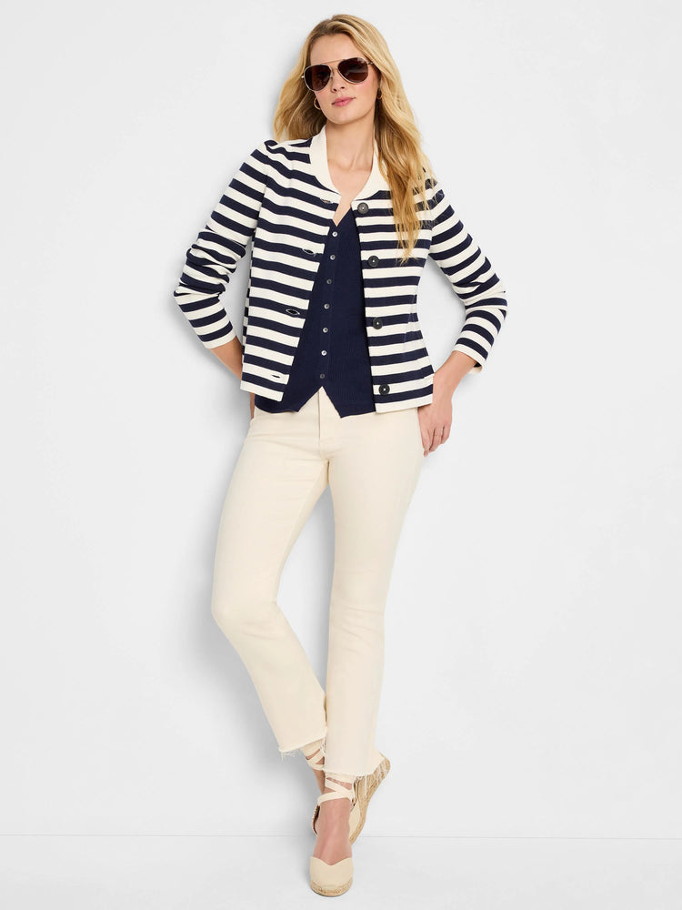 Button-front sweater vest; navy and white horizontal stripes; short sleeves.