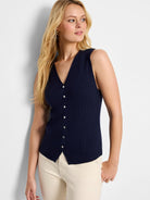 Navy blue, sleeveless ribbed knit sweater vest with a V-neck and front button closure.