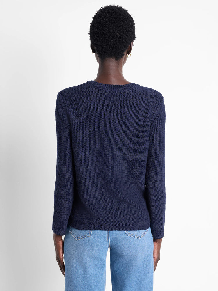 Dark navy blue, long-sleeved knit sweater, textured fabric. Back view.