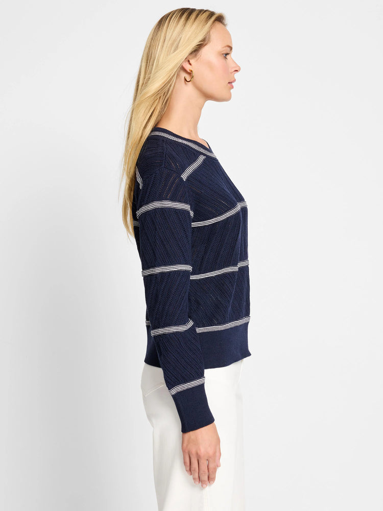 Navy blue pointelle knit sweater with thin white stripes. Long sleeves, ribbed cuffs and hem.