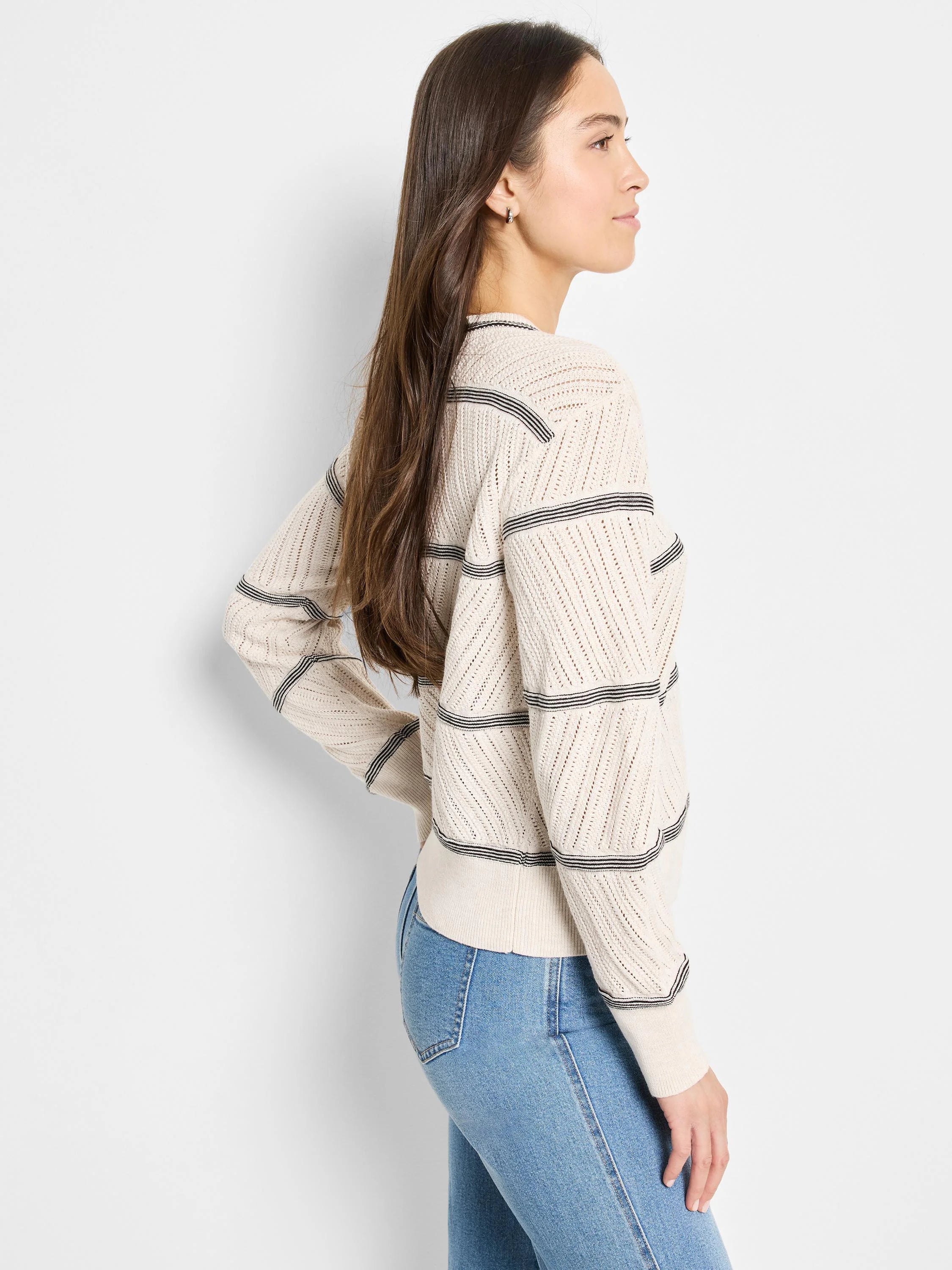 Off-white pointelle knit sweater with thin black stripes.  Long sleeves.