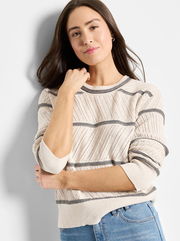 Off-white pointelle knit sweater with thin black stripes at neckline and hem; three-quarter sleeves.