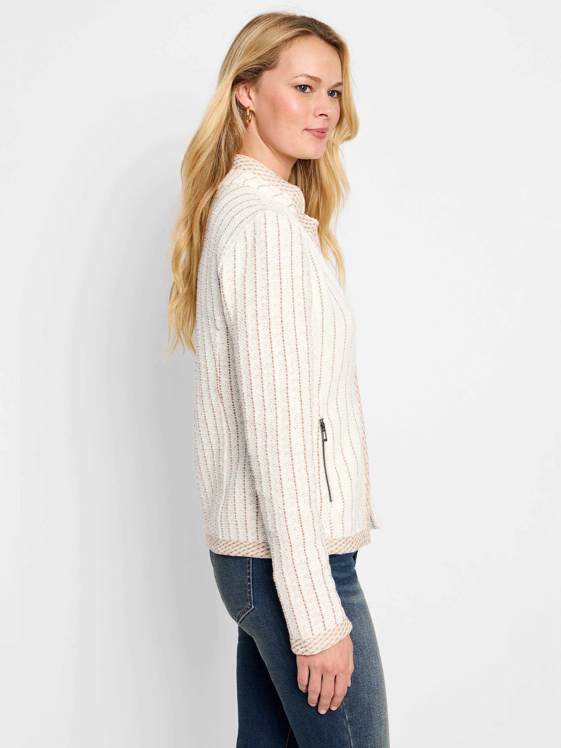 Off-white knit jacket with thin taupe pinstripes and trim. Side zipper.