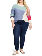 Color-blocked sweater; blue, mint, cream, pink, brown sections.  Long sleeves, ribbed cuffs.