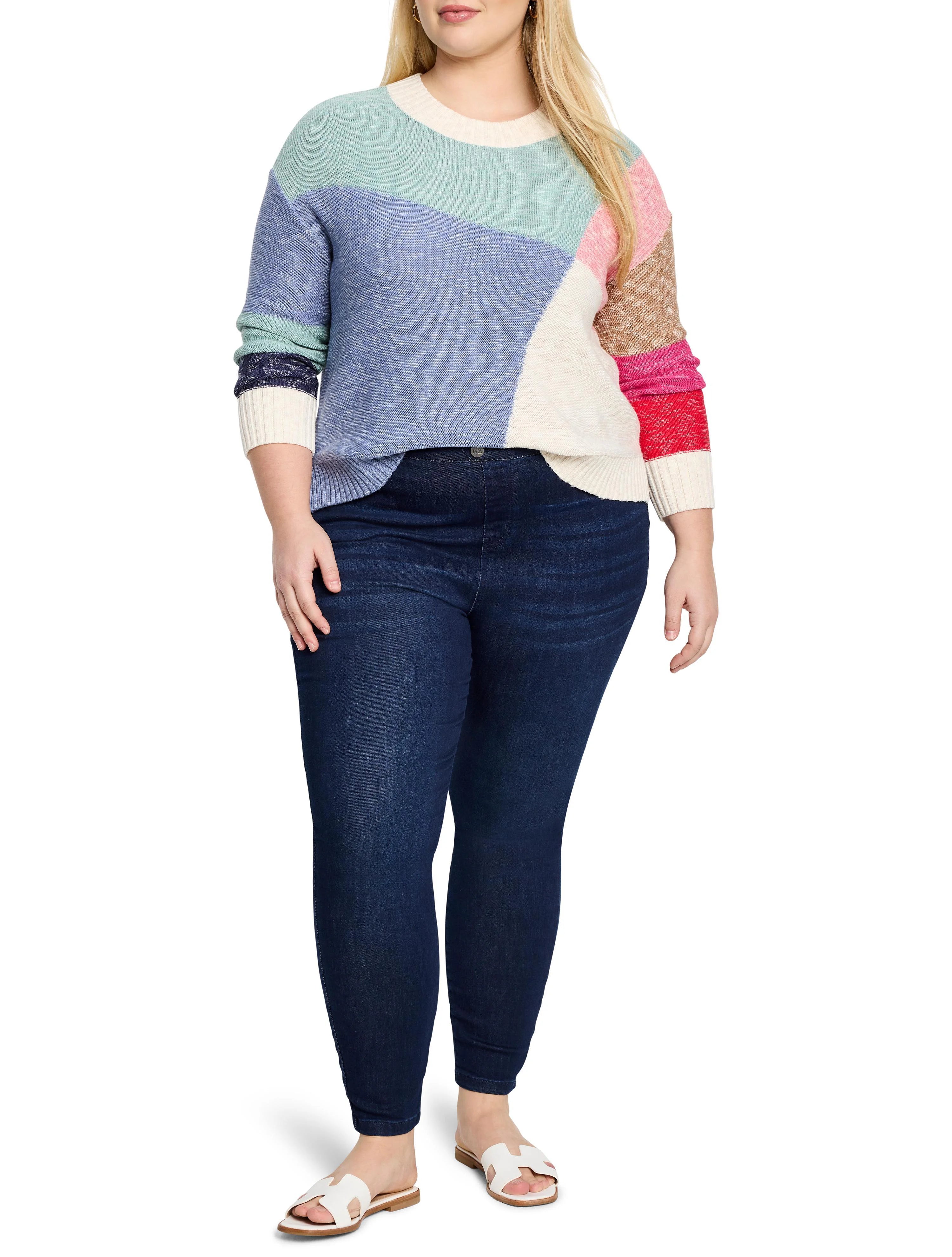 Color-blocked sweater; blue, mint, cream, pink, brown sections.  Long sleeves, ribbed cuffs.