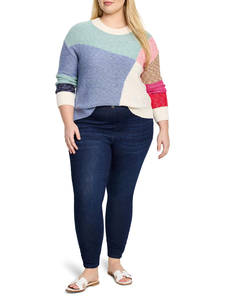 Color-blocked sweater; blue, mint, cream, pink, brown sections. Long sleeves, ribbed cuffs.