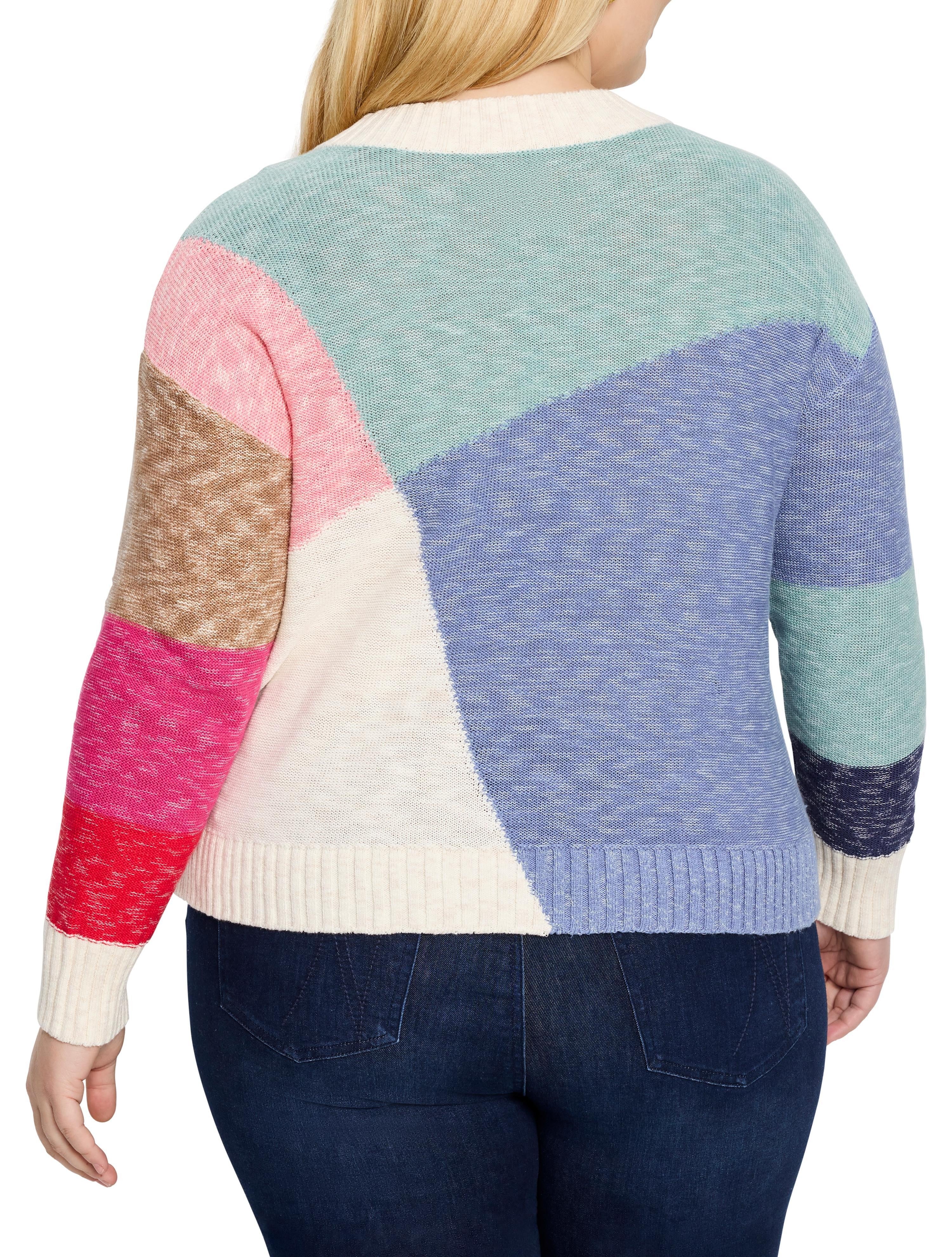 Color-blocked knit sweater.  Features off-white, light teal, periwinkle, pink, and brown sections. Long sleeves.