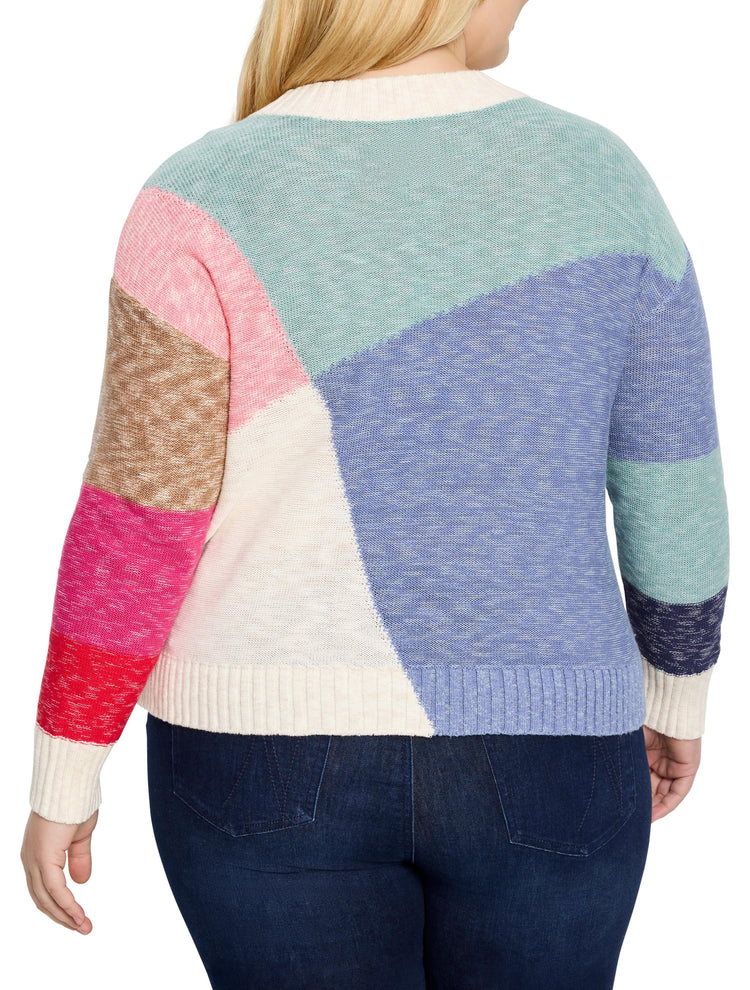 Color-blocked knit sweater. Features off-white, light teal, periwinkle, pink, and brown sections. Long sleeves.